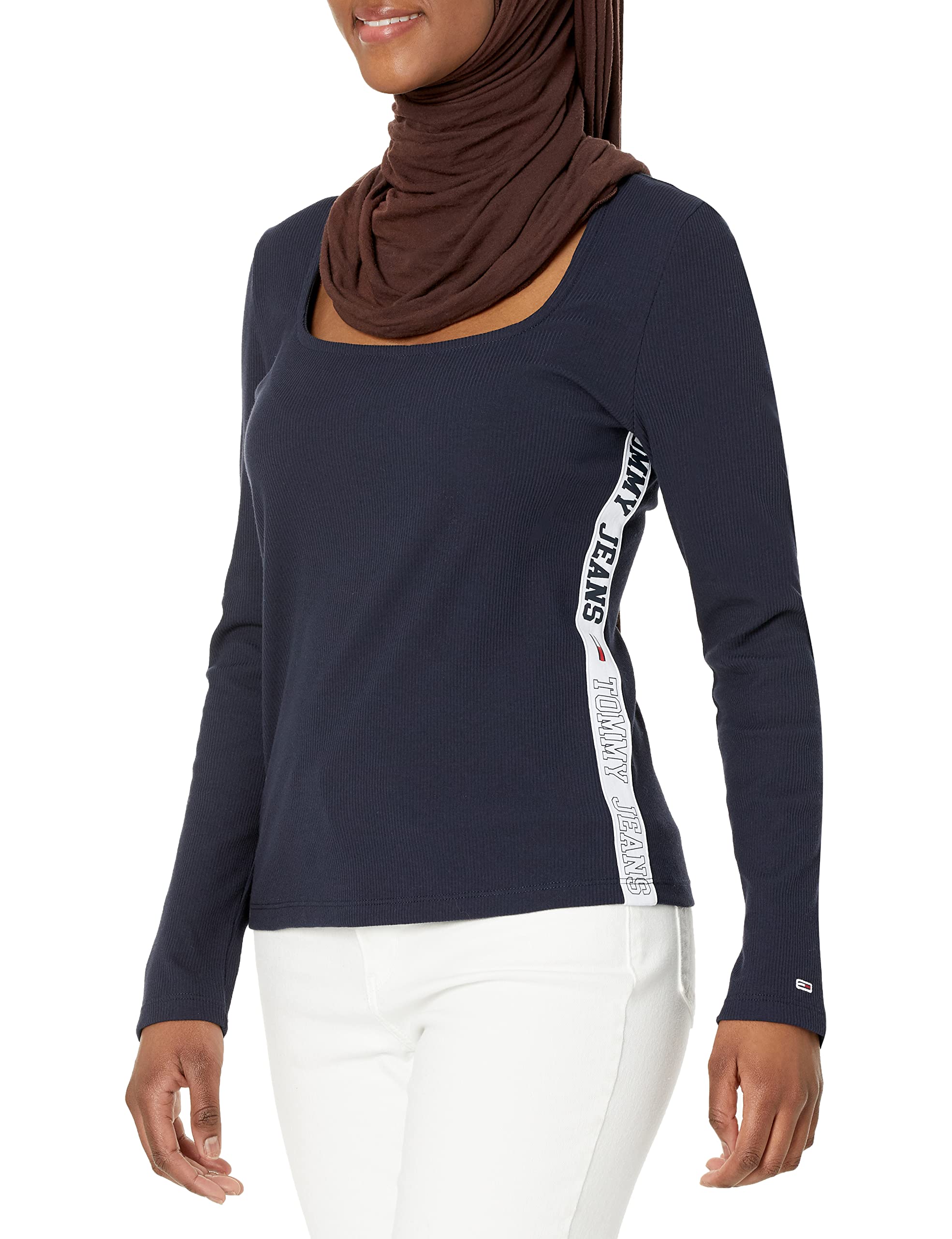Tommy Jeans Women's Square Neck Long Sleeve T-Shirt - Casual Comfort Fit Cotton Top for Everyday Wear | Perfect for Work, Date Night & Weekend Outfits