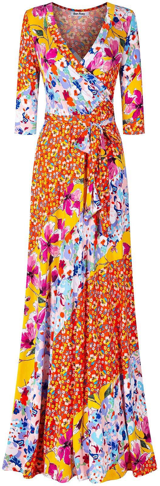 Women's 3/4 Sleeve V-Neck Printed Maxi Faux Wrap Dress - Summer Wedding Guest, Party, Bridal, Baby Shower & Maternity Nursing Dress in Orange - Perfect for Beach Vacations, Date Nights & Special Occasions