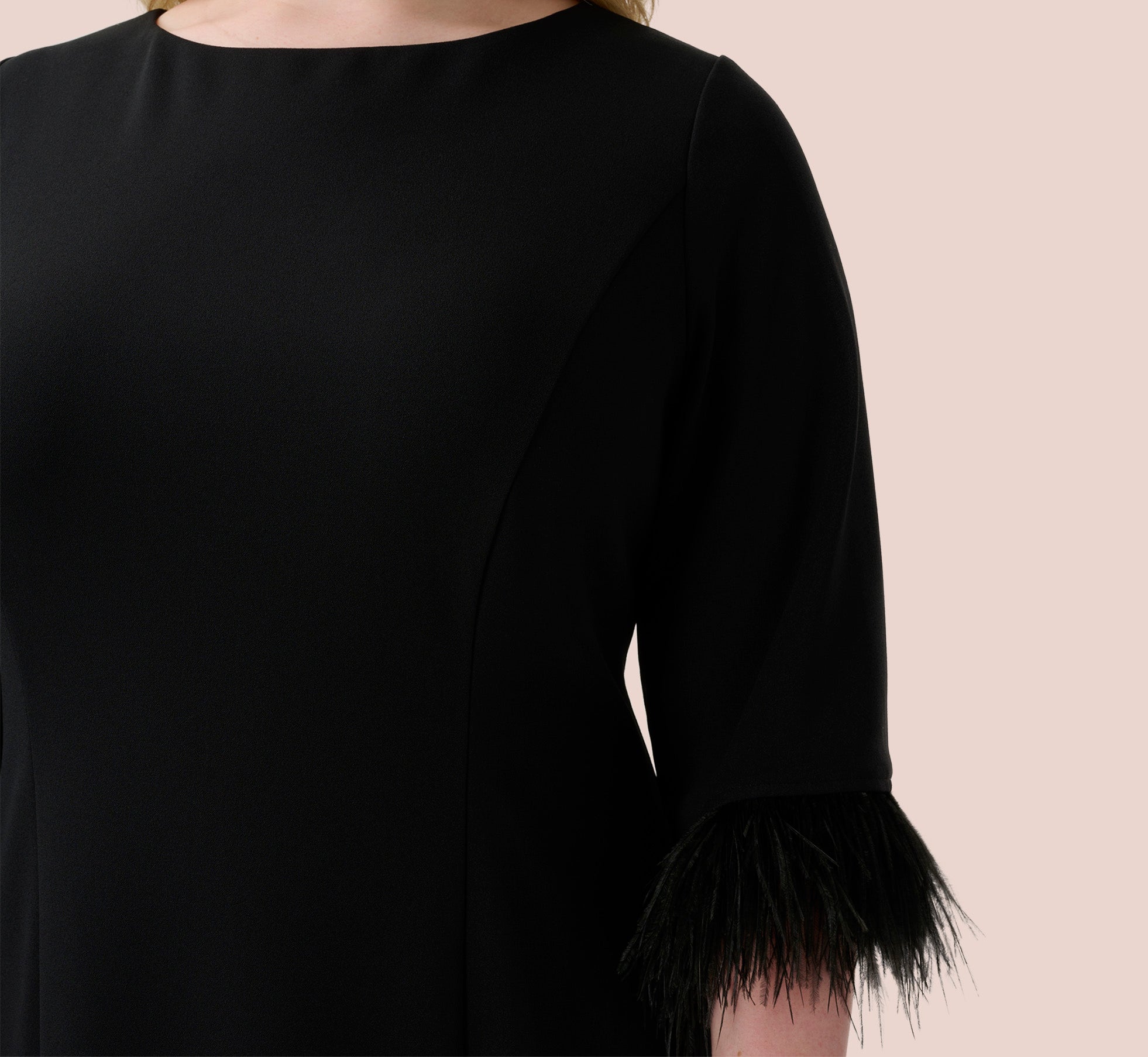 Plus Size Black Crepe Sheath Dress with V-Back & Feather Trim Sleeves | Elegant Evening Wear for Women | Perfect for Parties, Weddings & Special Occasions