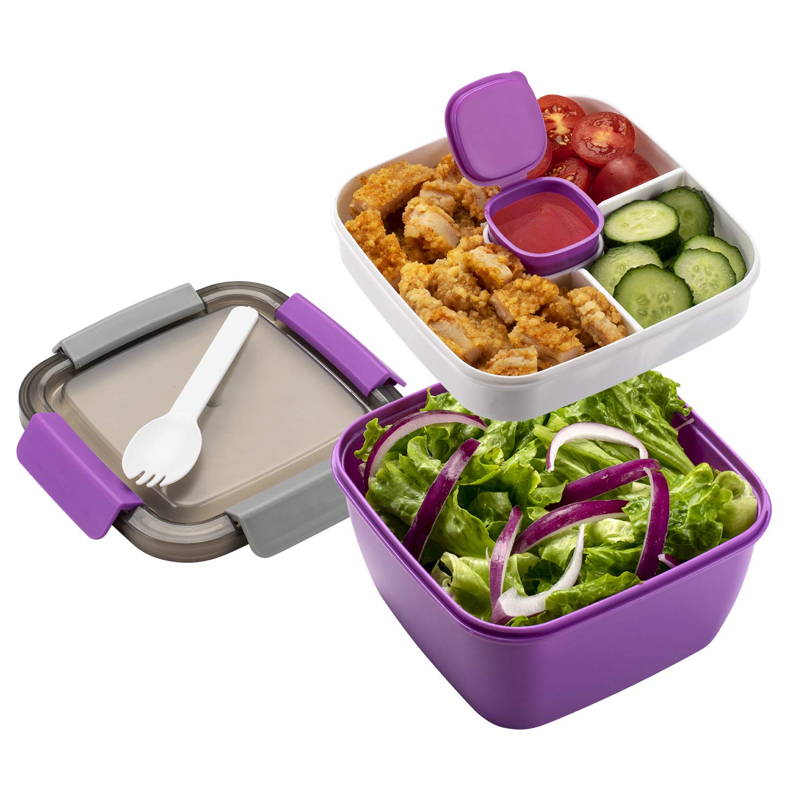 Freshmage 52 oz Bento Lunch Box with 3 Compartments & Dressing Container - Leakproof Meal Prep Container for Salads, Snacks, Office Lunch - Perfect for Men & Women (Purple) | Ideal for Meal Prep, Work Lunch, Picnics & Healthy Eating On-the-Go