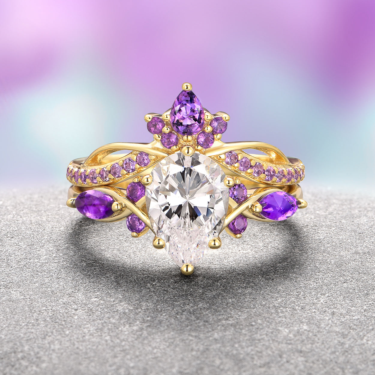 Feyre Lab Grown Diamond & Amethyst Ring Set in 14K Solid Yellow Gold - IGI Certified | Elegant Wedding, Engagement & Anniversary Jewelry Gift for Women