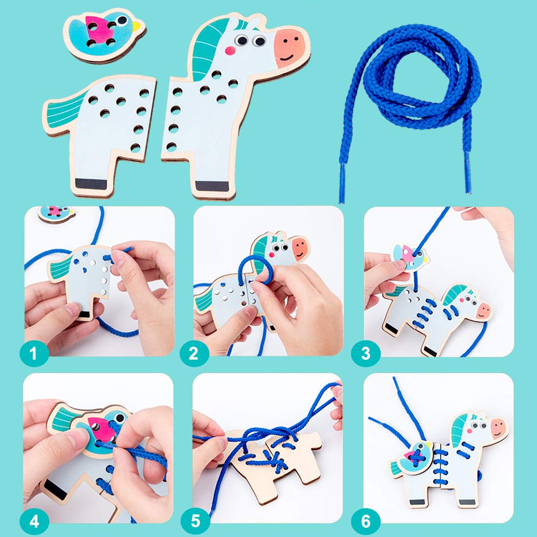 Promise Babe 5 Pack Animal Lacing Cards - Wooden Threading Puzzle Toys for Toddlers, Montessori Fine Motor Skills Learning, Preschool Educational Toys - Perfect for Home & Classroom Early Childhood Development Activities