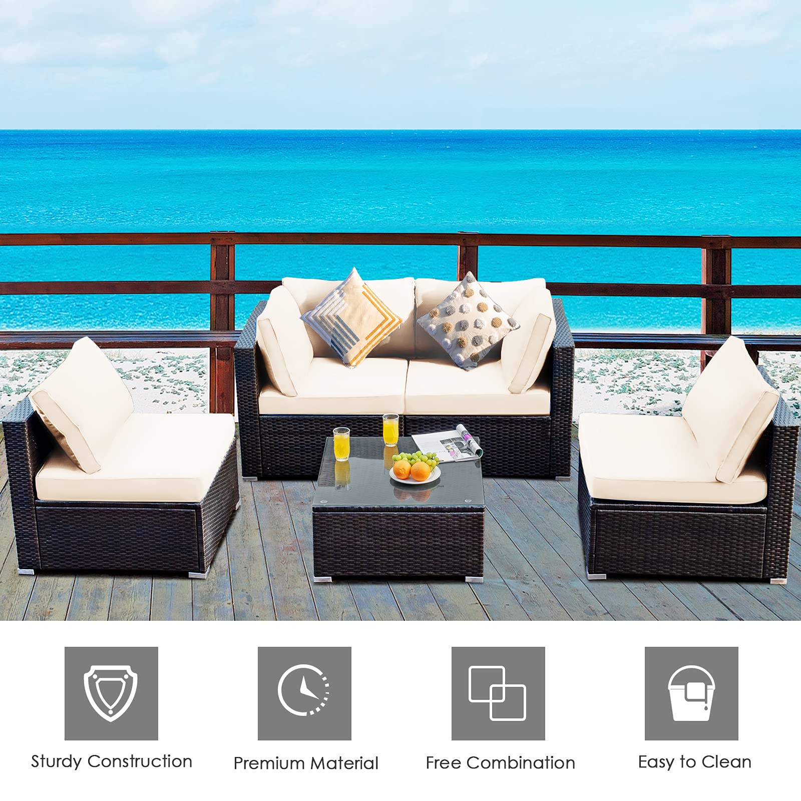 HAPPYGRILL 5-Piece Outdoor Patio Furniture Set - Rattan Wicker Sectional Sofa with Coffee Table & Cushions - Perfect for Backyard, Porch, Garden, and Poolside Relaxation