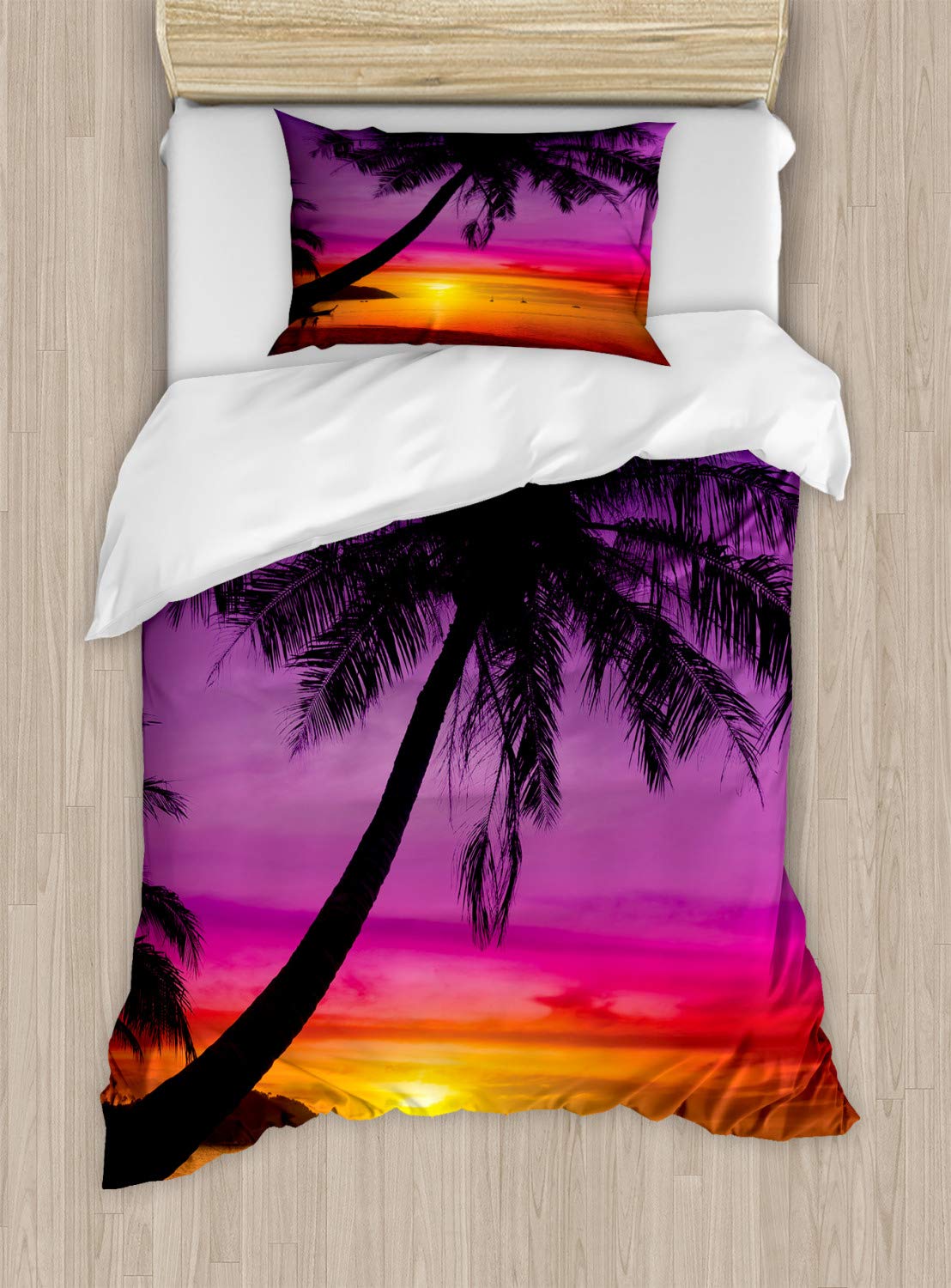 Ambesonne Tropical Duvet Cover Set - Palm Tree Beach Sunset Design, 2-Piece Twin Size Bedding with Pillow Sham in Purple, Orange & Black | Perfect for Summer Travel Themed Bedrooms & Coastal Home Decor