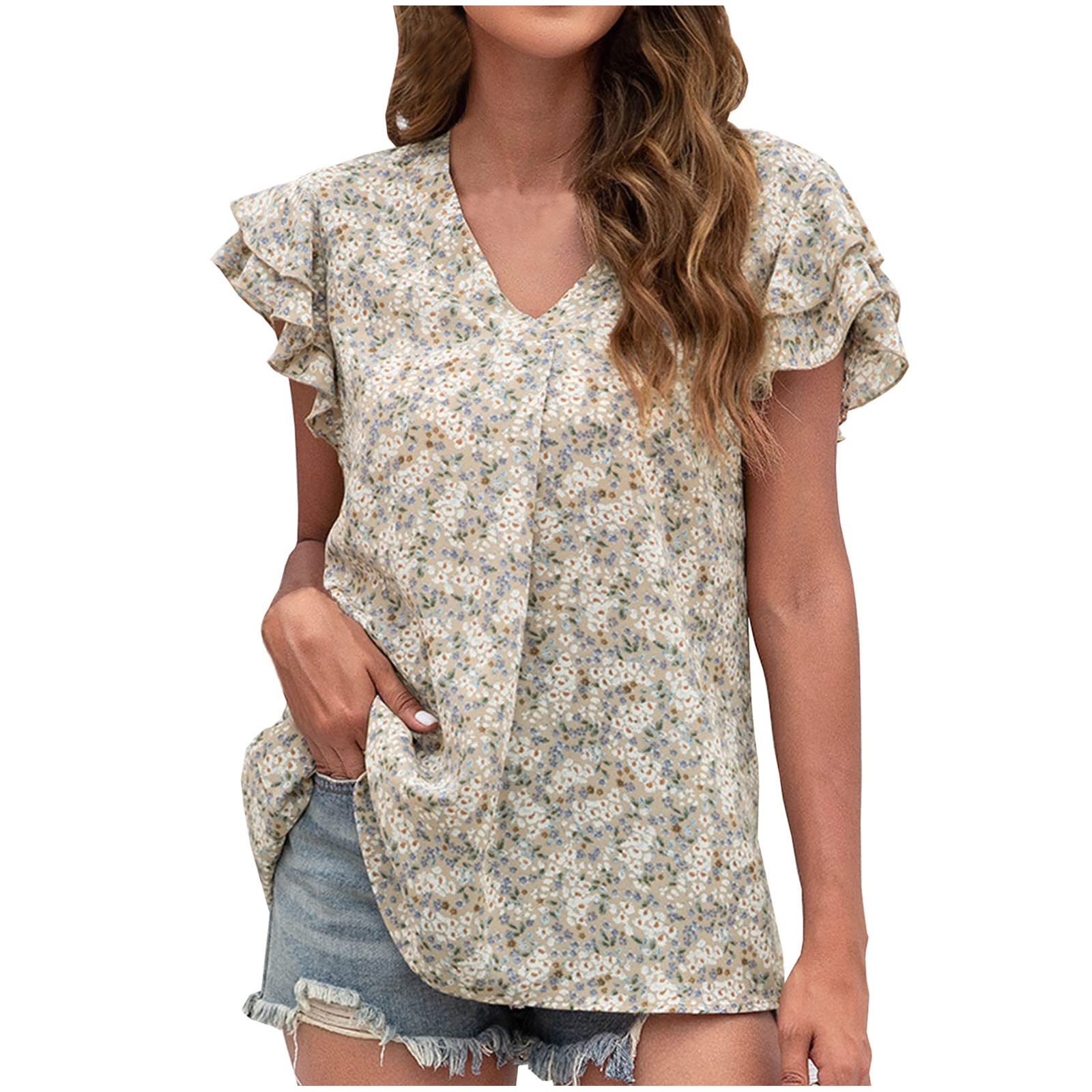 HRAPDA Women's Summer Tops 2023 - Trendy Floral Print Ruffle Short Sleeve V-Neck Blouse, Casual Tunic Tee for Outing, Beach, Vacation & Daily Wear