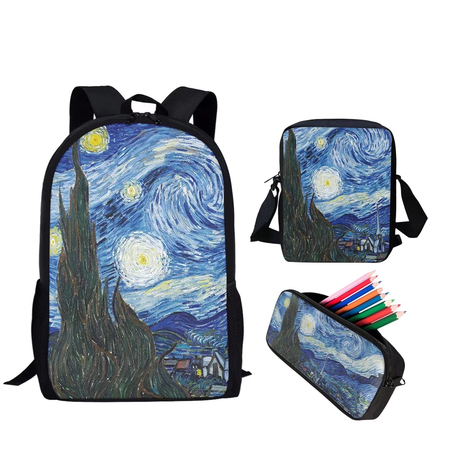 Van Gogh Starry Sky Print Backpack Set for Kids - 3-Piece School Backpack, Laptop Messenger Bag & Pencil Organizer | Art-Inspired Bookbag for Boys & Girls, Preschool to Elementary | Perfect for School, Travel & Art Lovers