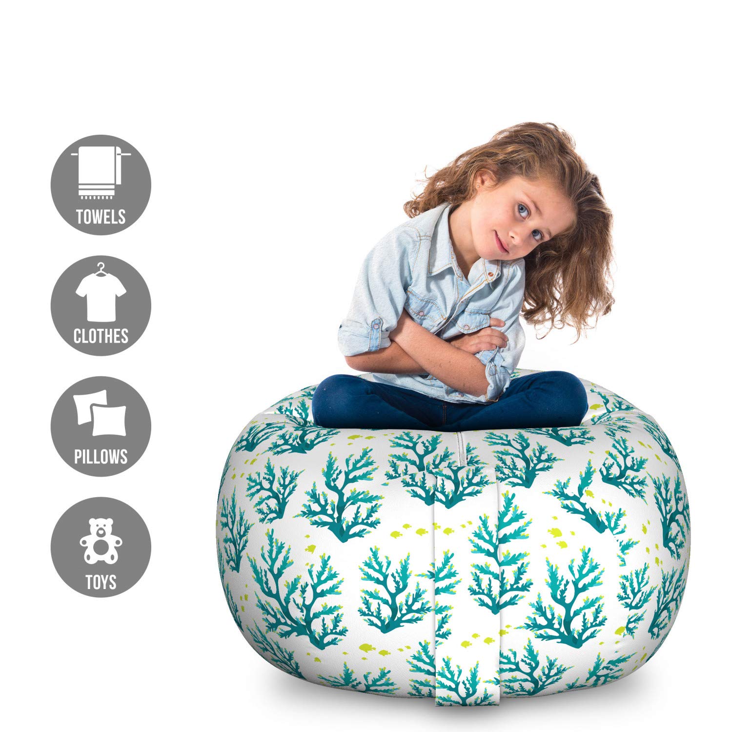 Ambesonne Nautical Storage Toy Bag Chair - Large Washable Stuffed Animal Organizer with Underwater Coral & Fish Design in Sea Blue Ivory | Perfect for Kids' Room, Playroom & Beach House Decor