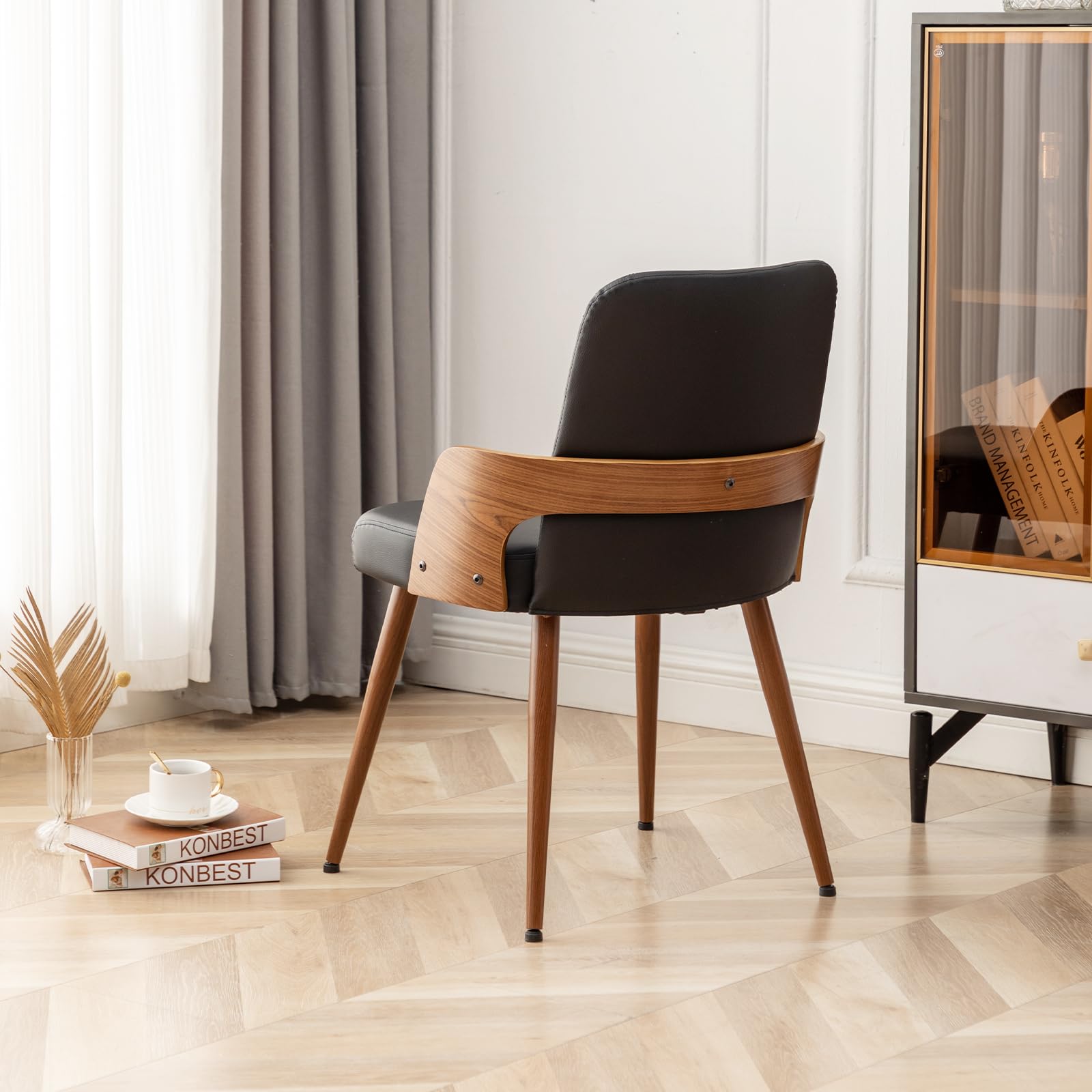 Mid Century Modern Dining Chairs Set of 2 - Upholstered Faux Leather Kitchen Chairs with Metal Legs - Armless Wooden Accent Chairs for Dining Room, Living Room & Office - Black | Perfect for Small Spaces & Contemporary Home Decor
