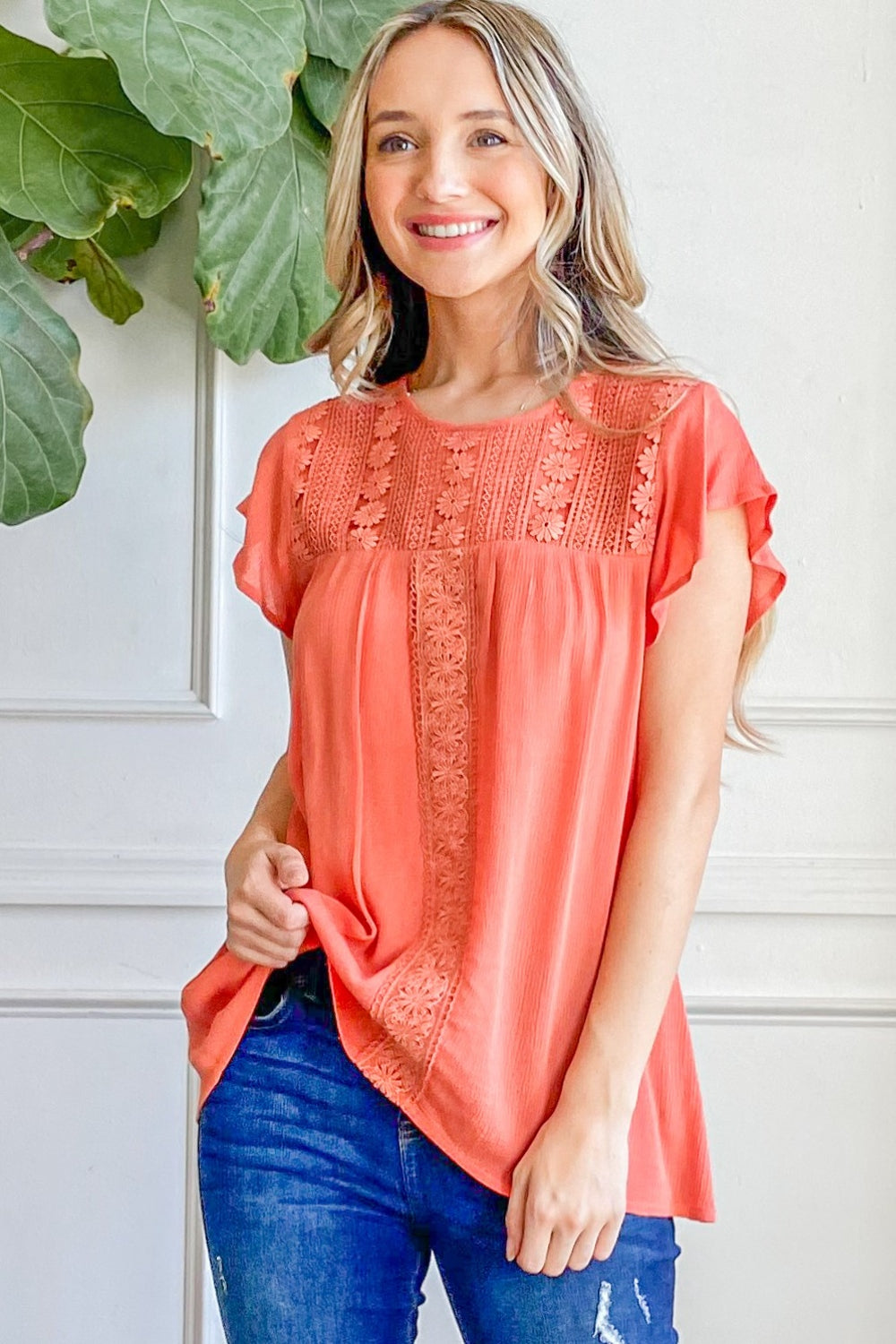 Stylish Lace Detail Ruffle Short Sleeve Blouse Top for Women - Perfect for Office Wear, Date Nights & Summer Outfits