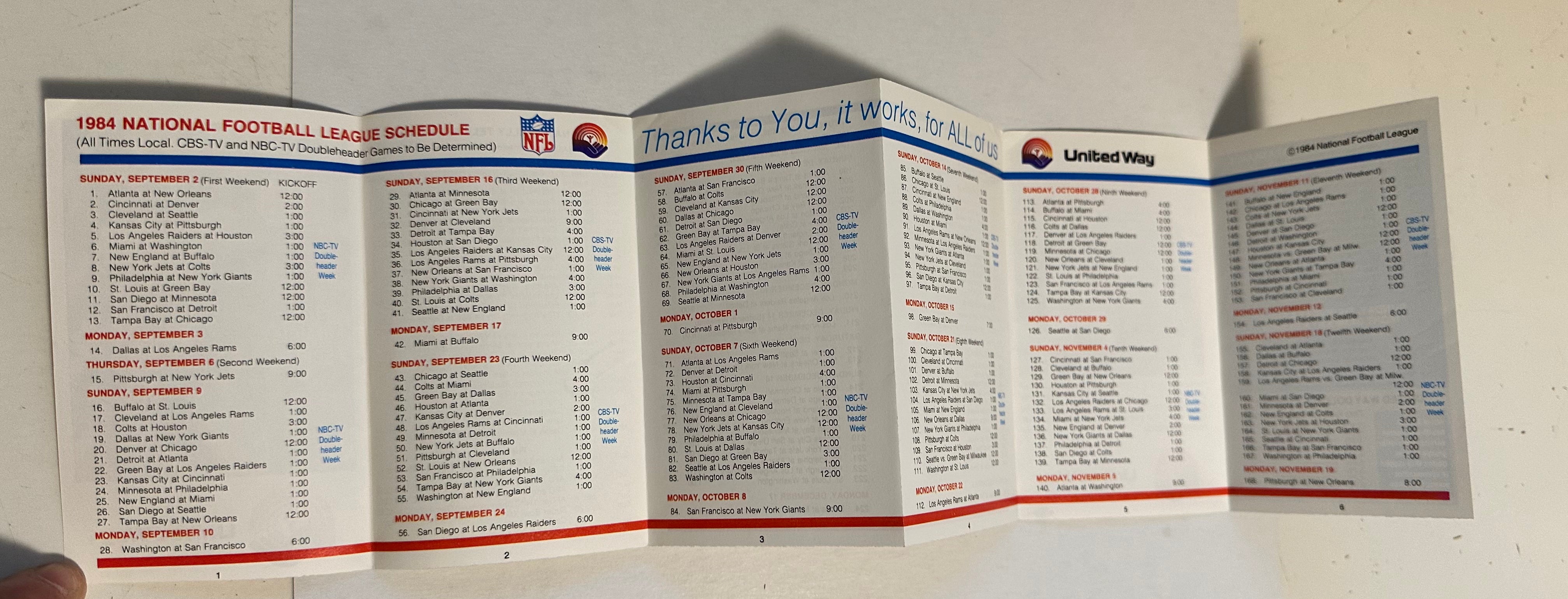 Dan Marino Miami Dolphins NFL Football Legends Rare 1984 Rookie Football Schedule - Perfect for Sports Memorabilia Collectors and Miami Dolphins Fans