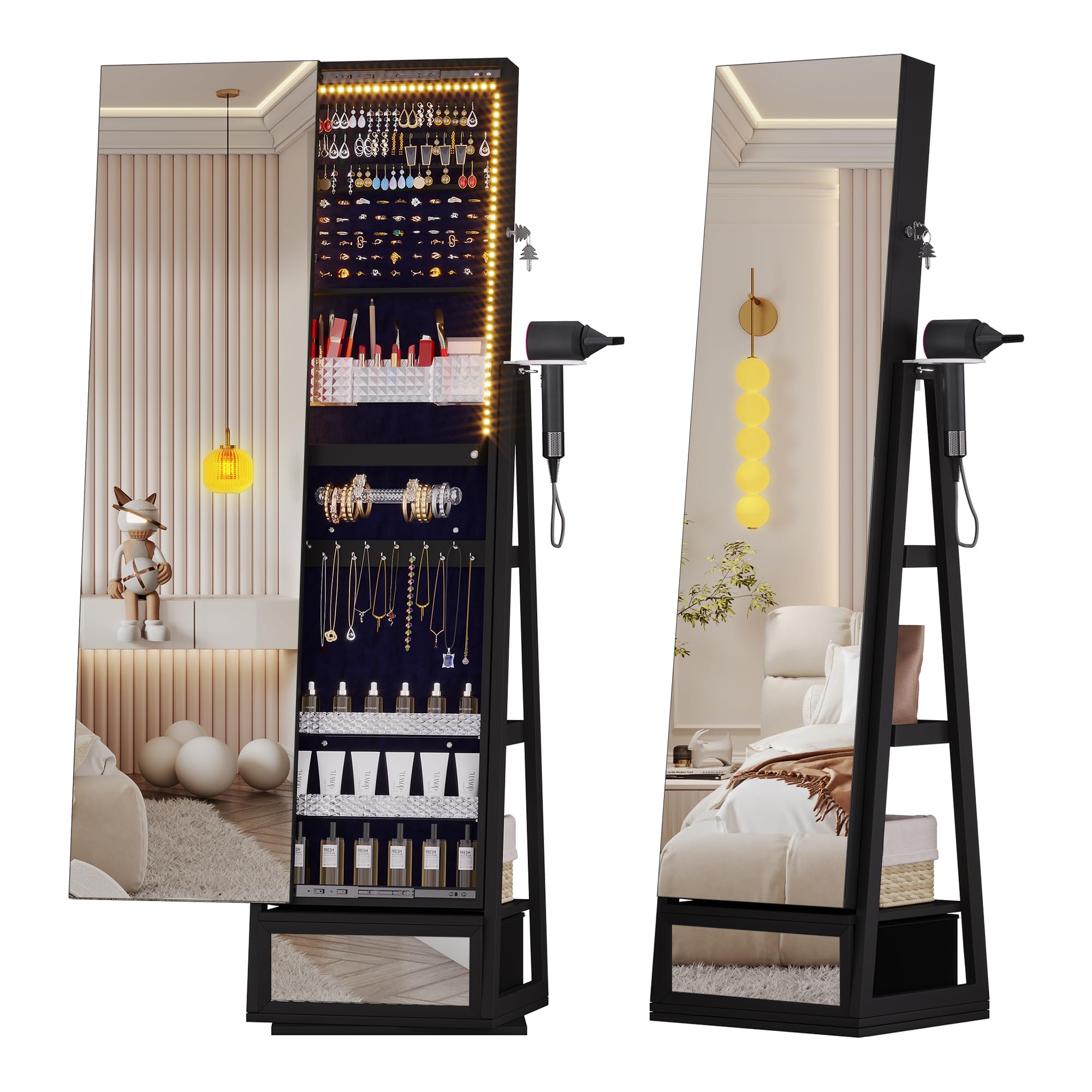 Full Length Mirror with Jewelry Storage - 360° Swivel Jewelry Cabinet with LED Lights, Standing Lockable Jewelry Armoire Organizer for Women | Perfect for Bedroom, Dressing Room & Gift Ideas (Black)