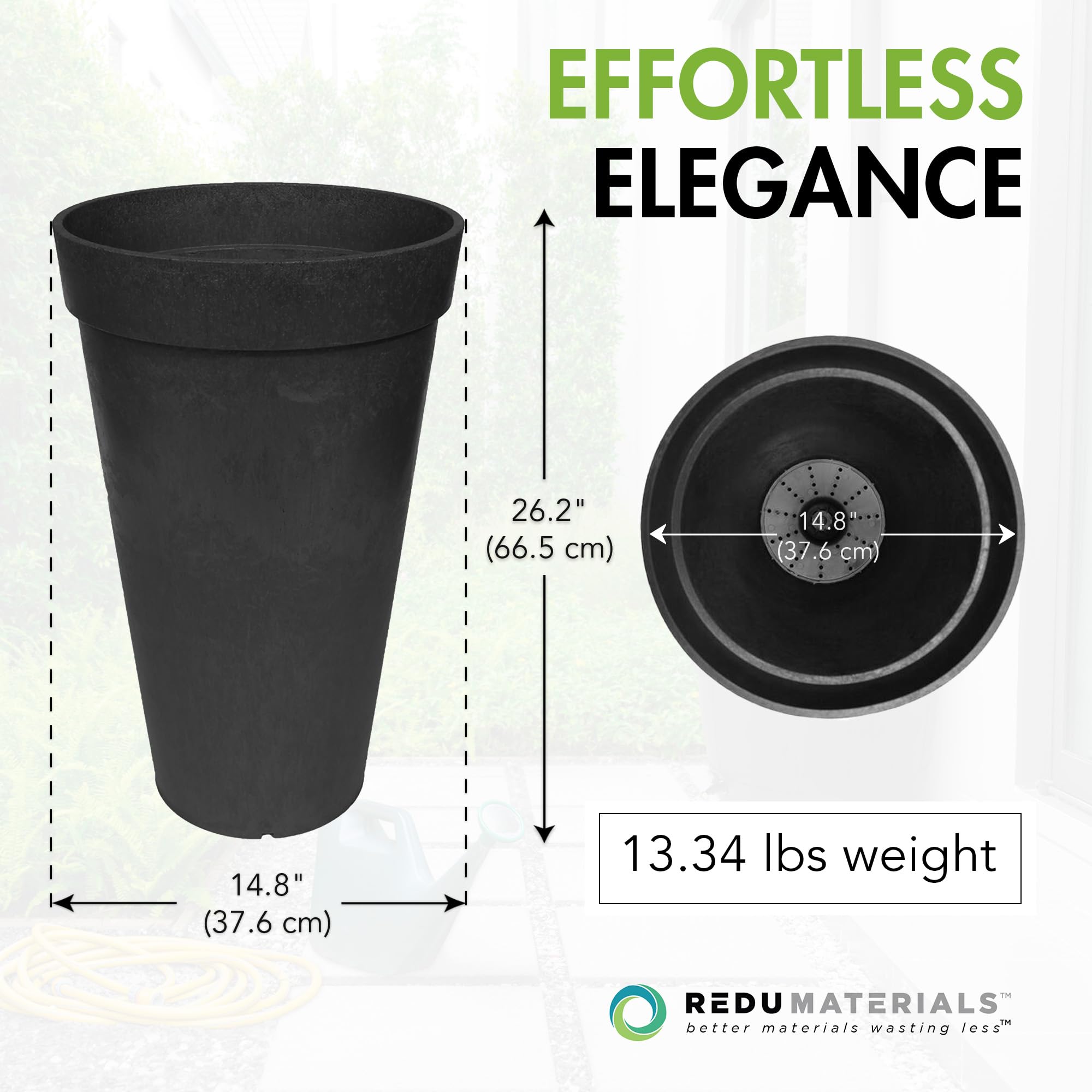 TierraVerde 2 Pack Aria Round Planter - Indoor/Outdoor Self Watering Flower Pots, 15 Inch Wide x 26 Inch Tall, Black - Perfect for Home Decor, Garden, Patio & Office Plants