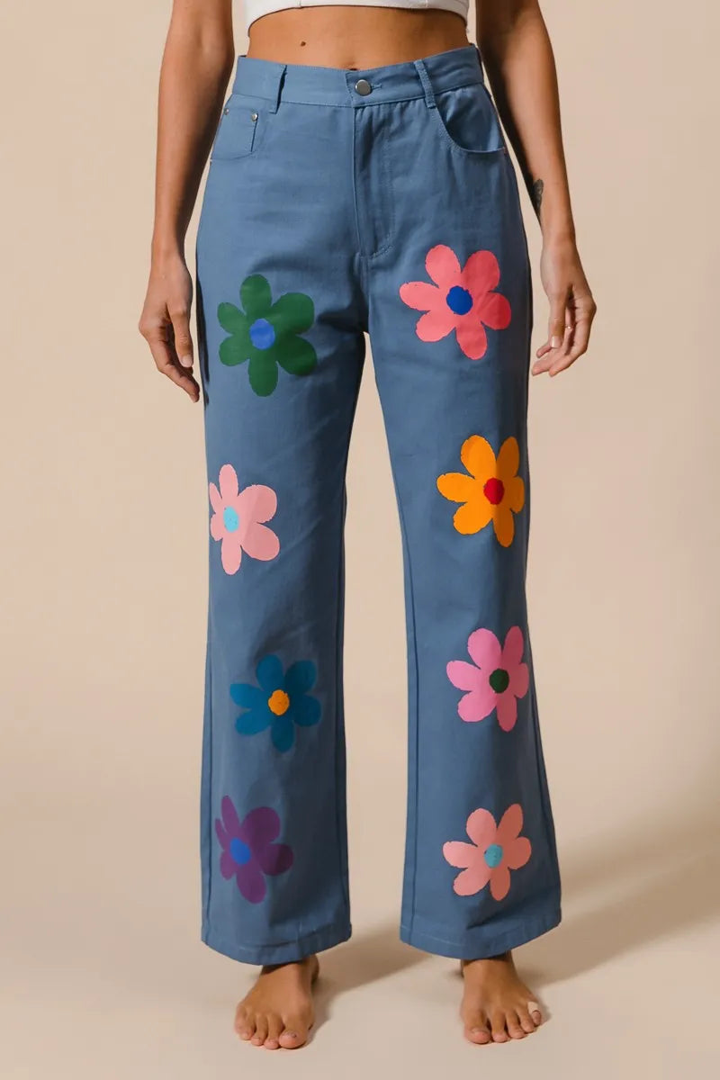 BiBi Women's Floral Print Straight Leg Pants - Comfortable Casual Trousers for Work, Office & Everyday Wear