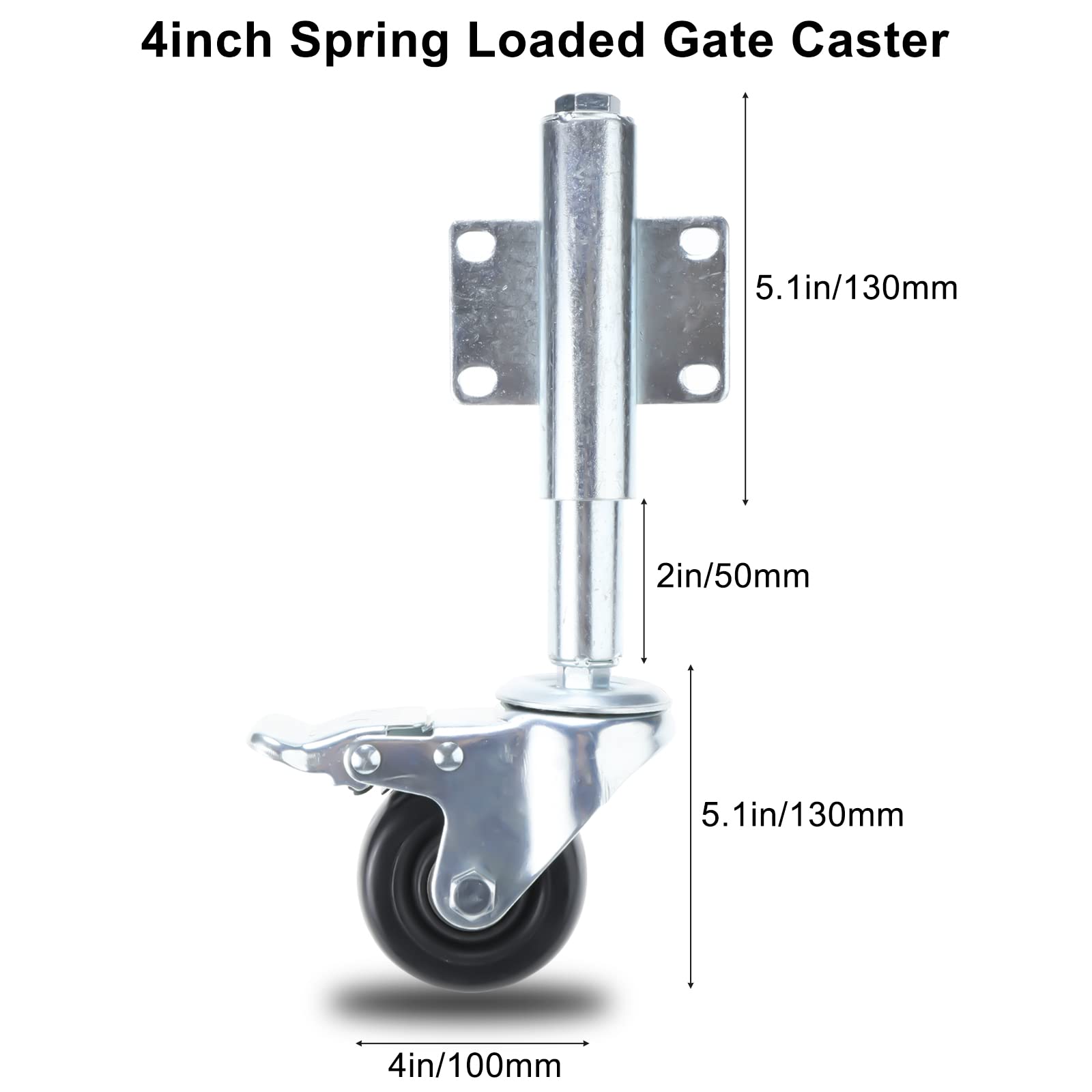 Heavy Duty 4 Inch Spring Loaded Swivel Caster Wheels with Brake - 240 lbs Capacity Retractable Gate Casters for Industrial Equipment, Workbenches, and Furniture Movers | NORJIN