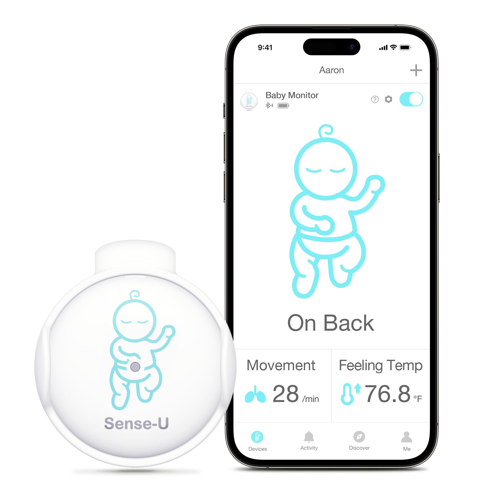 Sense-U Smart Baby Monitor - Track Abdominal Movement, Body Temperature & Rollover with Real-Time Alerts for Newborns & Infants | Perfect for Nursery, Daycare & Travel Safety