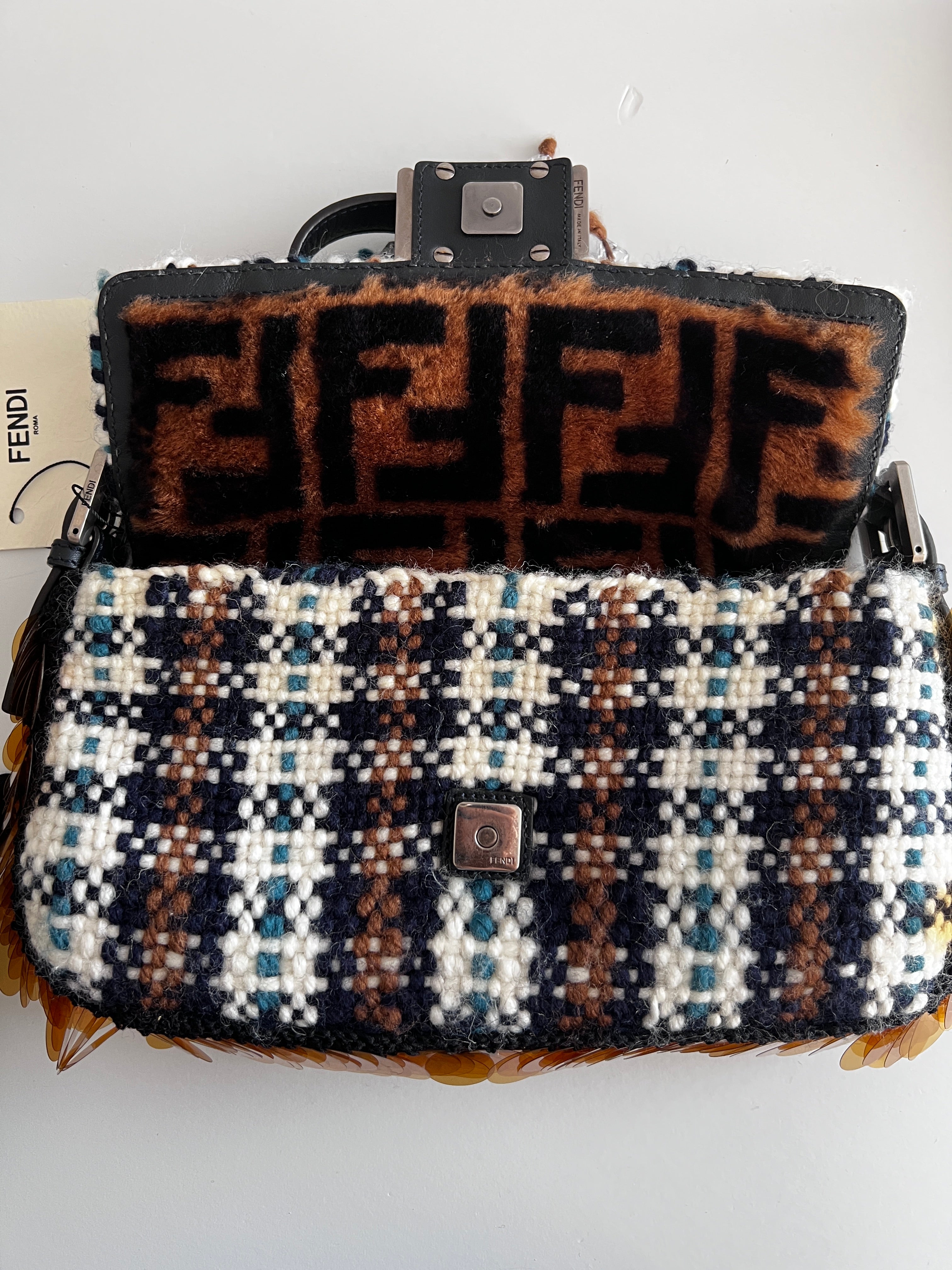 Authentic Fendi Selleria Plaid Tweed Shearling Baguette Bag - Luxury Designer Handbag for Women, Perfect for Parties, Events & Everyday Use