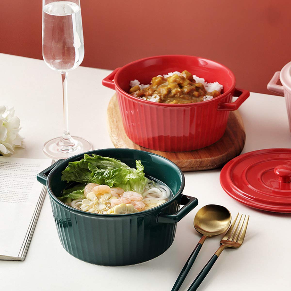 Ceramic Salad Bowl with Lid - Oven Safe Rice, Fruit, Instant Noodle & Dessert Bowl - Eco-Friendly Green Kitchenware for Home, Restaurant & Meal Prep