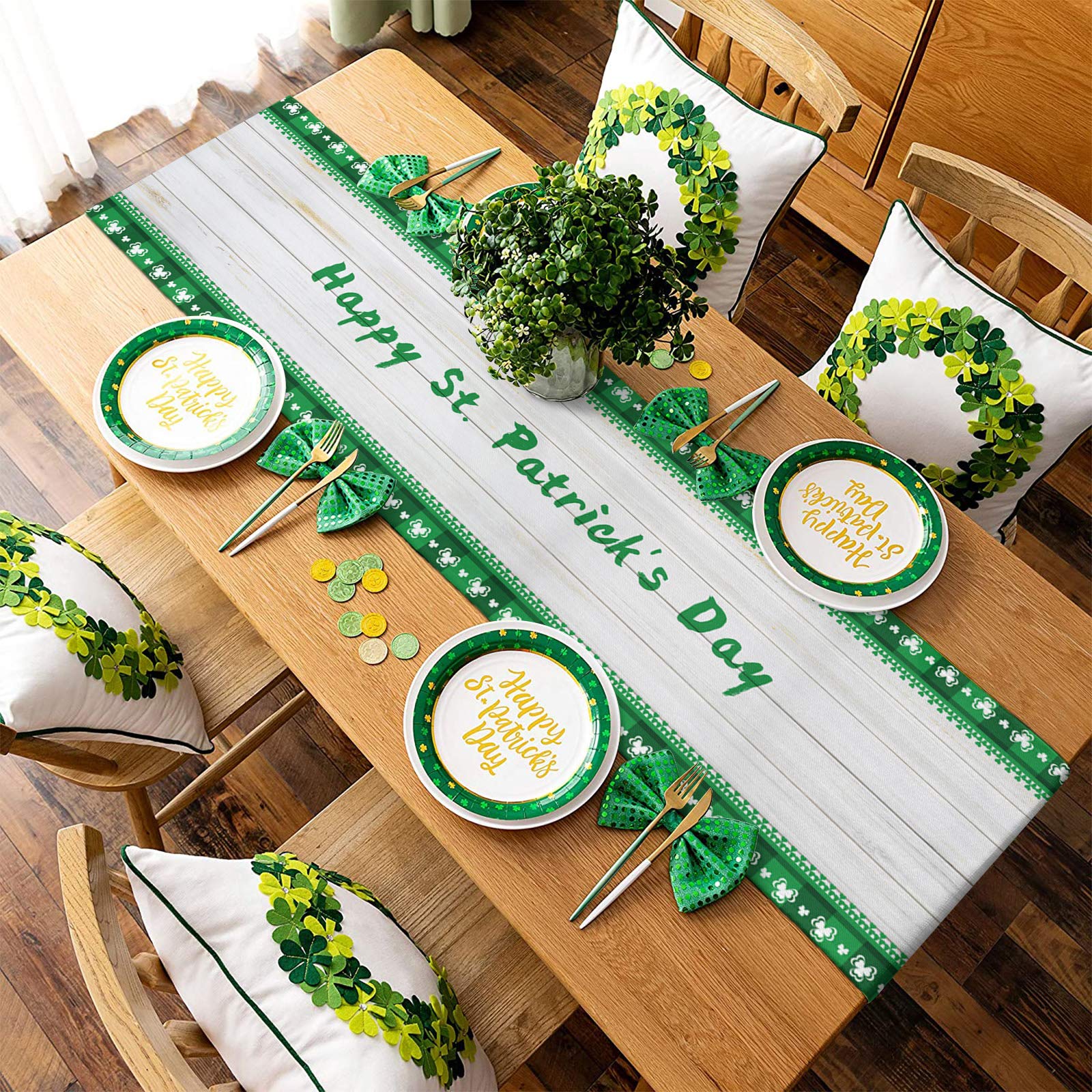 Saint Patrick's Day Table Runner 13x90 Inches - Washable Gnome & Little Truck Design with Clover & Wooden Plank Pattern - Perfect for Round, Kitchen, Coffee, Dining & End Tables - Great for St. Patrick's Day Decorations, Irish-Themed Parties & Home Dining
