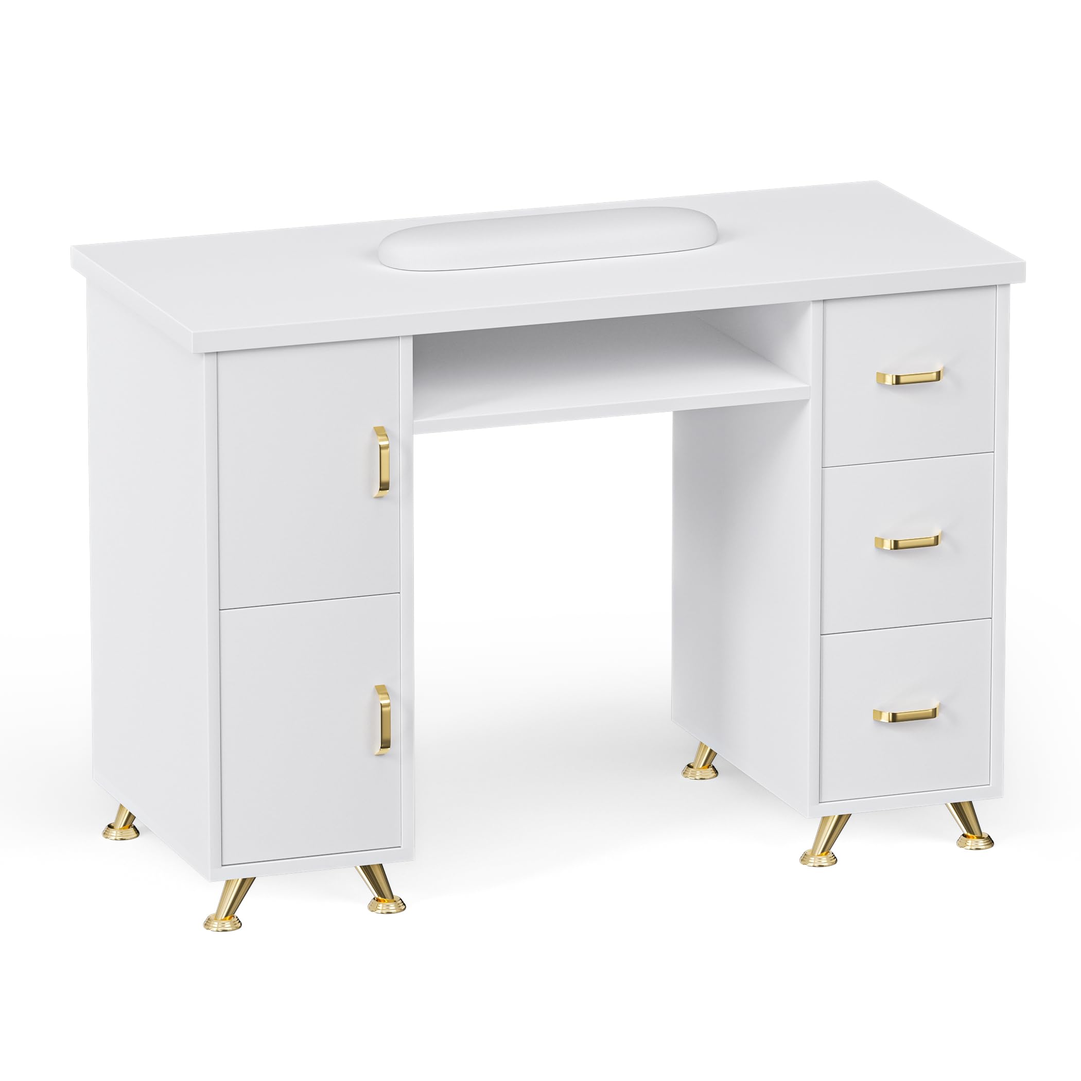 Professional Manicure Table for Nail Technicians - Double Layered Nail Salon Desk with Wrist Cushion, 3 Drawers & 2 Cabinets - Acetone Resistant Beauty Station for Salon Storage & Organization | Perfect for Home & Professional Nail Studios