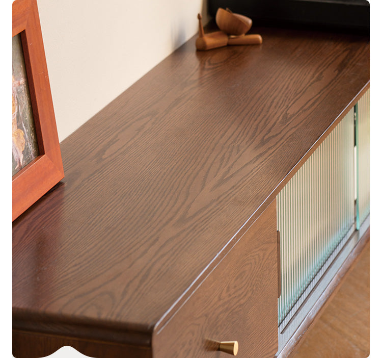 Solid Oak Wood TV Stand with Glass Sliding Doors - Modern Entertainment Center for Living Room, Bedroom & Home Theater