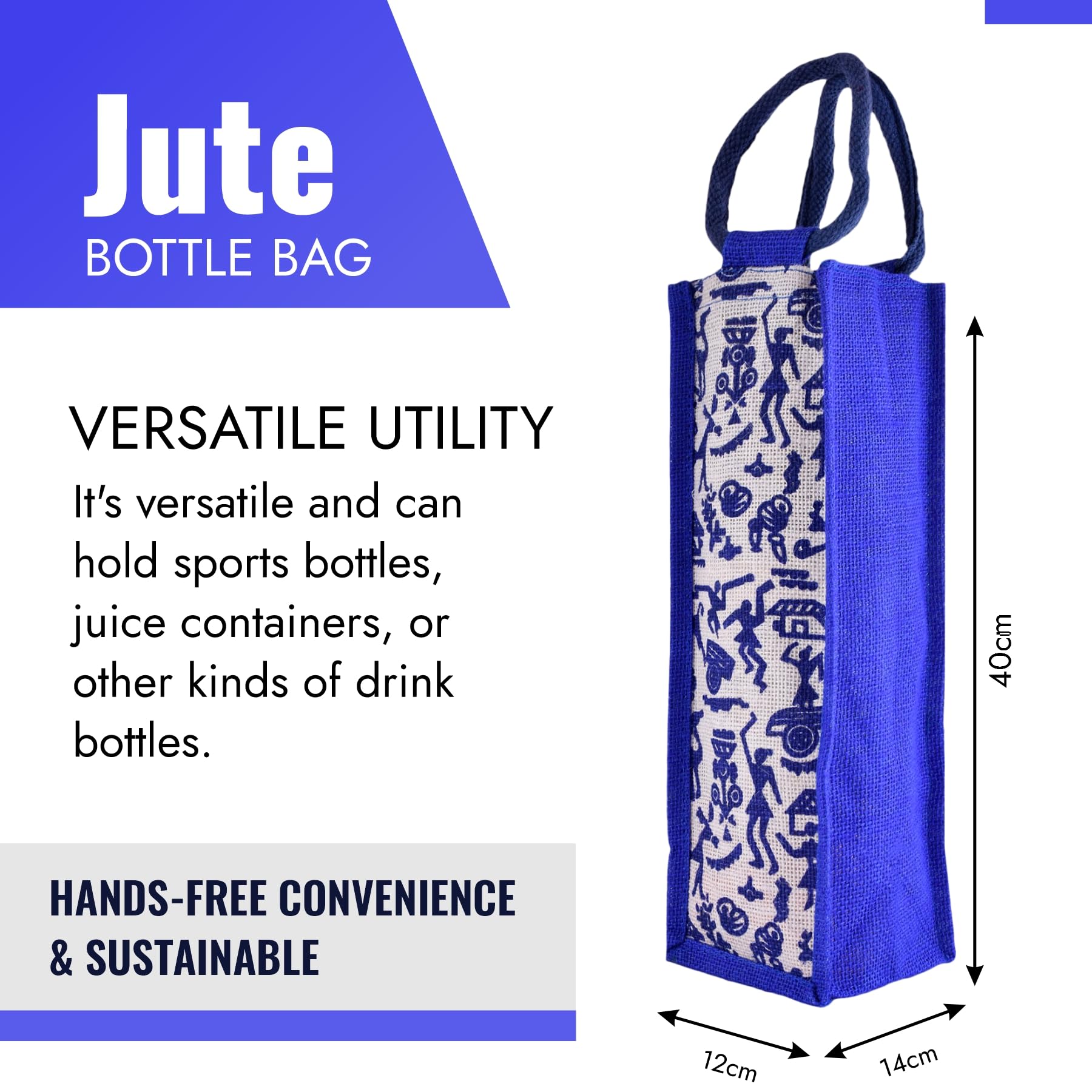 Kuber Industries Reusable Jute Bottle Bag with Handle - Eco-Friendly Wine & Water Bottle Cover for Office, Picnic, Travel - Warli-Print Gift Set of 3 (Multi-Color)