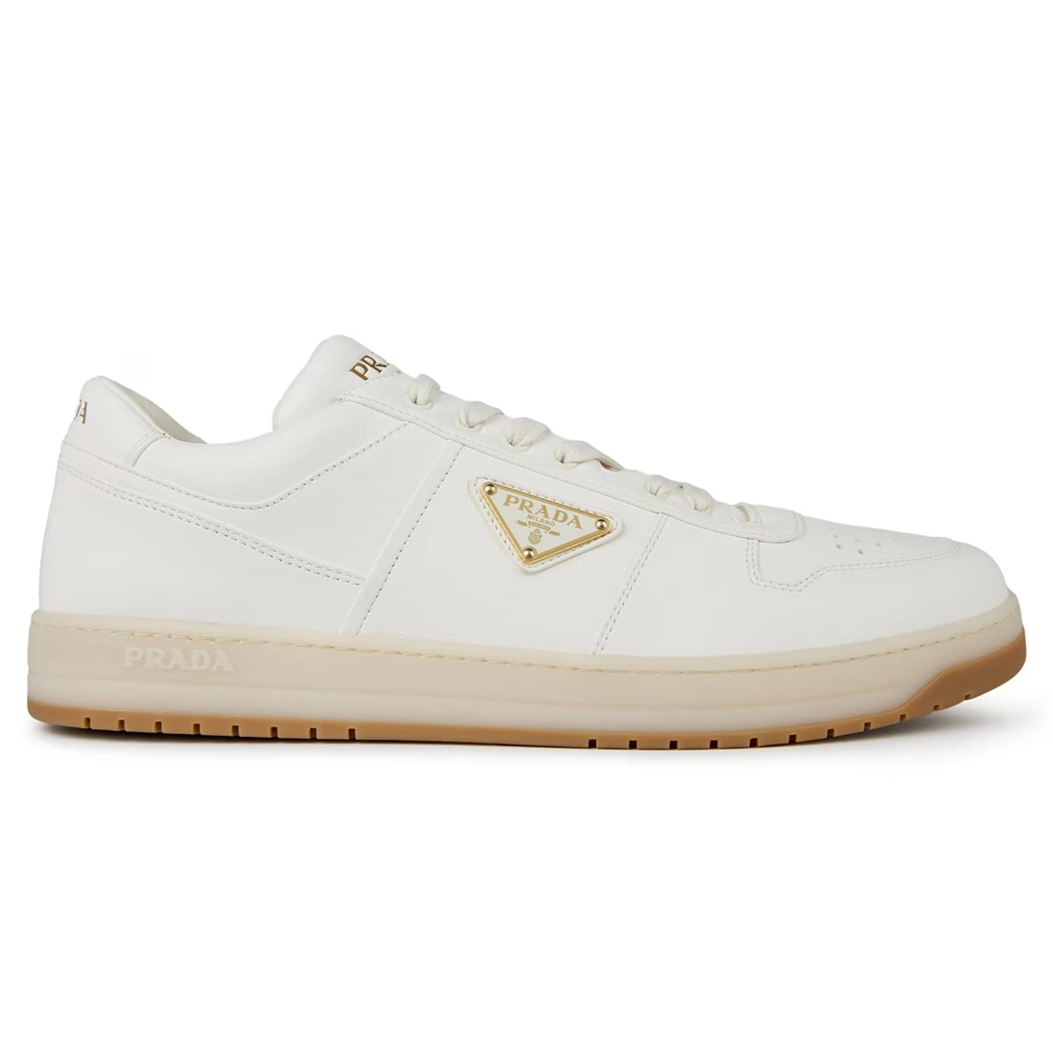Prada Downtown Leather Low Top Sneakers for Women - White & Beige Casual Shoes | Perfect for Everyday Wear, Office & Outings