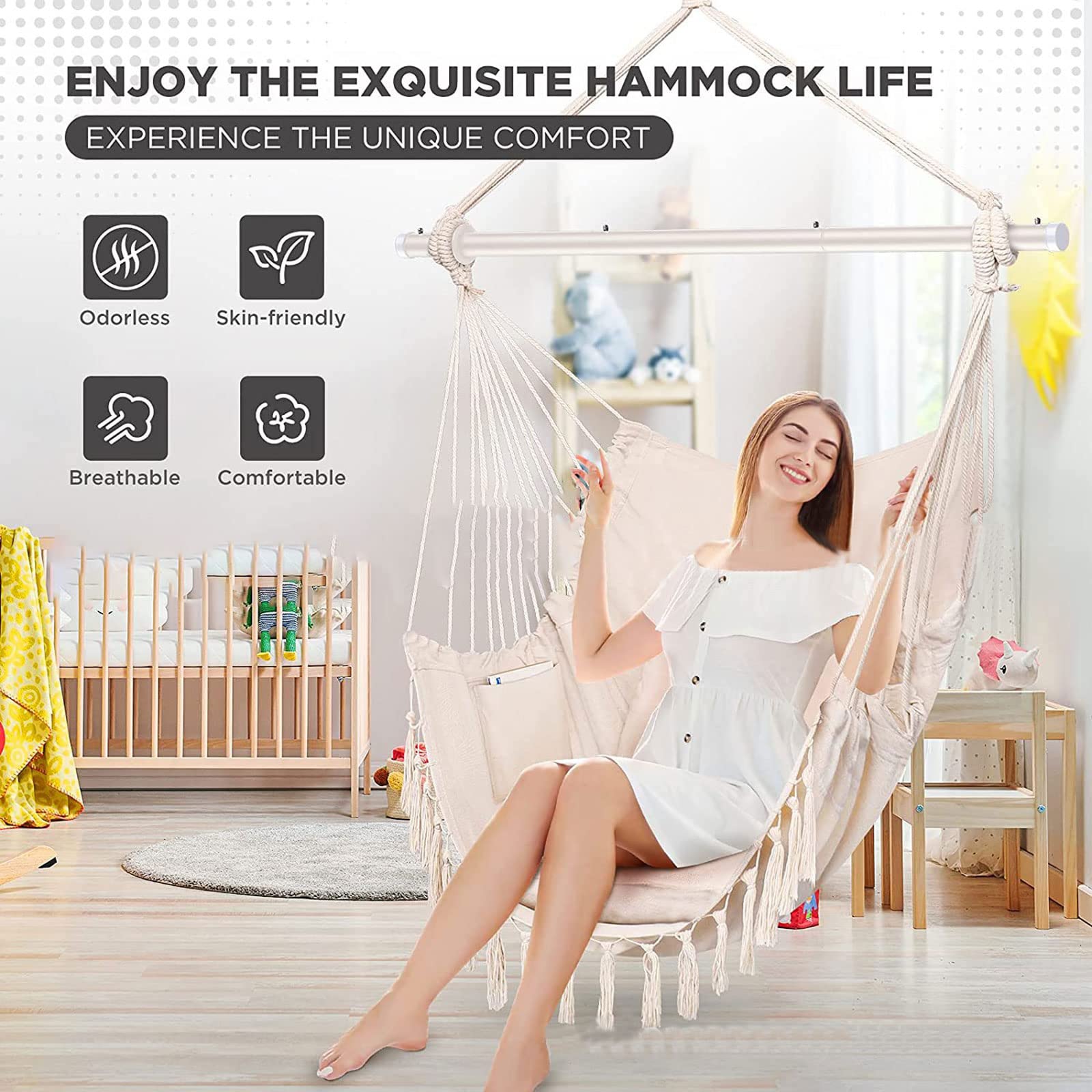 Comfortable Hammock Chair Swing with 2 Cushions & Storage Bag - Indoor/Outdoor Hanging Rope Chair for Patio, Garden, Balcony or Bedroom (Coffee Brown) - Perfect for Relaxing, Reading & Lounging