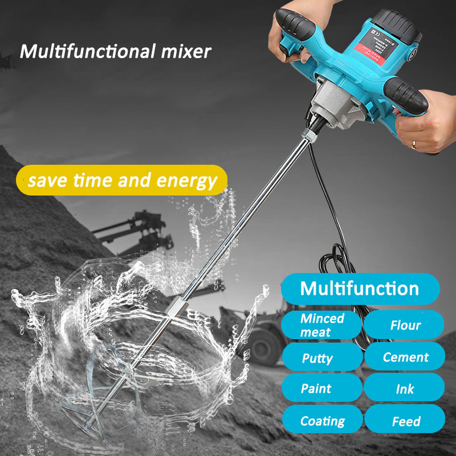 2100W Electric Paddle Mixer with Safety Switch - M14 Pole 60cm Handheld Cement Stirrer for Plaster, Paint, Mortar & Glue Mixing - Blue 220V - Perfect for DIY Home Renovation & Construction Projects