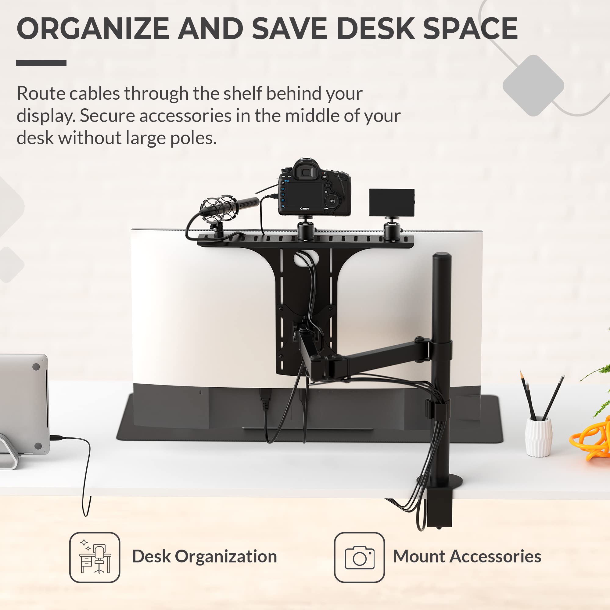 HumanCentric DSLR Monitor Mount - Adjustable VESA Arm Camera Shelf for Desk, Webcam & Microphone Stand - Heavy Duty Monitor Riser for Photography & Streaming Setup - Perfect for Home Office, Gaming & Video Production Workspace