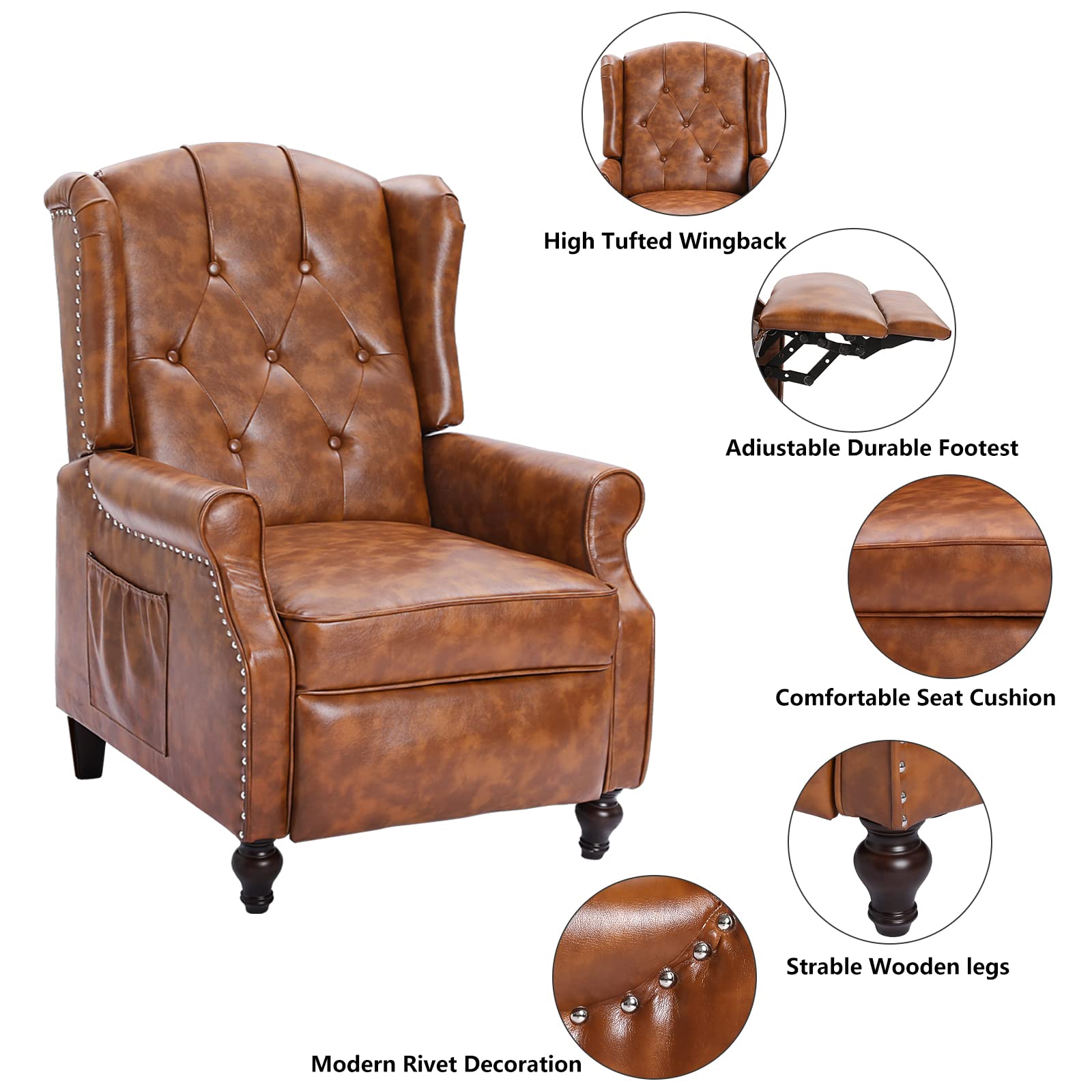 PU Leather Wingback Recliner Chair with Heat & Massage - Home & Office Comfort (Cognac Brown)