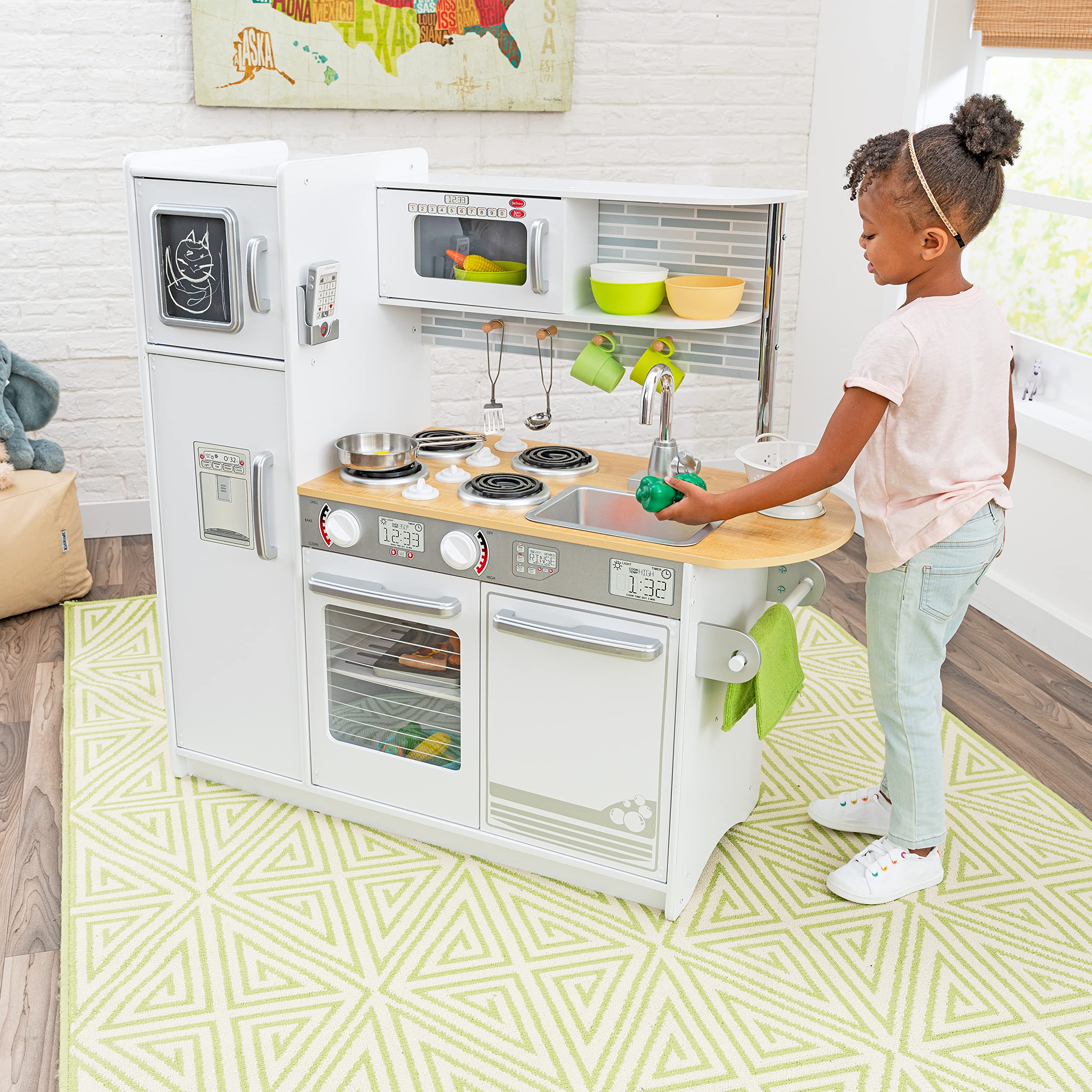 KidKraft Uptown White Wooden Play Kitchen Set with Play Phone, Chalkboard & Towel Rack - Pretend Cooking Toy for Toddlers Ages 3+ | Perfect for Imaginative Play, Preschool Learning & Birthday Gifts