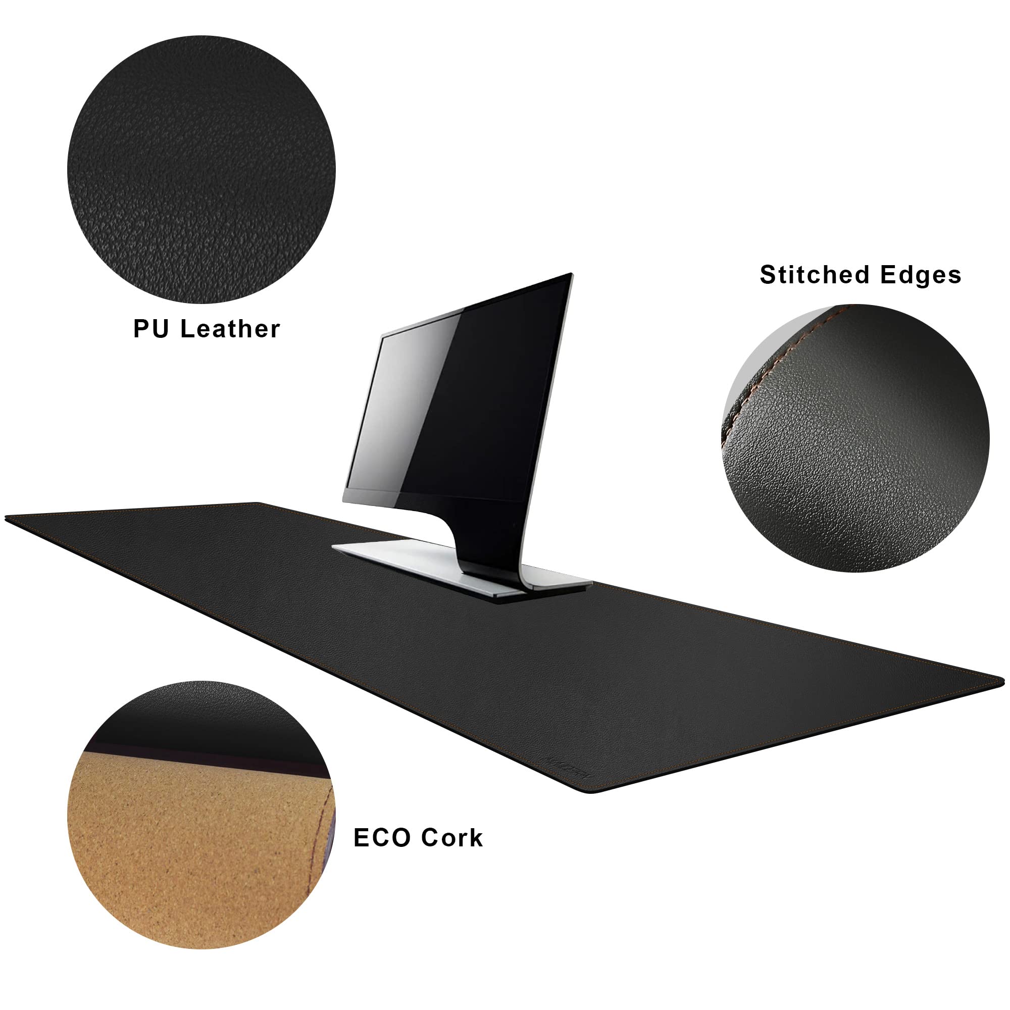 MAIDERN 40 x 16 Inch Extra Large Cork & Leather Desk Pad - XXL Reversible Desk Mat with Mouse Pad Area - Premium Office Desk Protector for Gaming, Writing & Computer Work (Black) - Perfect for Home Office, Study & Workspace Organization