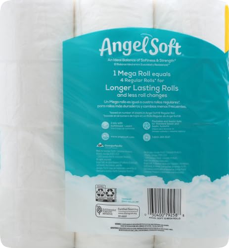 Angel Soft Toilet Paper - 12 Mega Rolls (Equivalent to 24 Regular Rolls) | Ultra Soft & Strong Bath Tissue for Home, Office & Travel Use