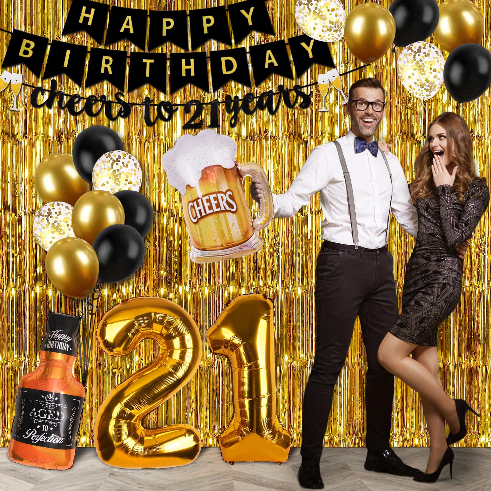 21st Birthday Decorations for Men - Black & Gold Party Supplies Kit with Banner, Fringe Curtain, Confetti & Balloons | Perfect for 21st Birthday Parties, Milestone Celebrations & Adult Birthday Decor