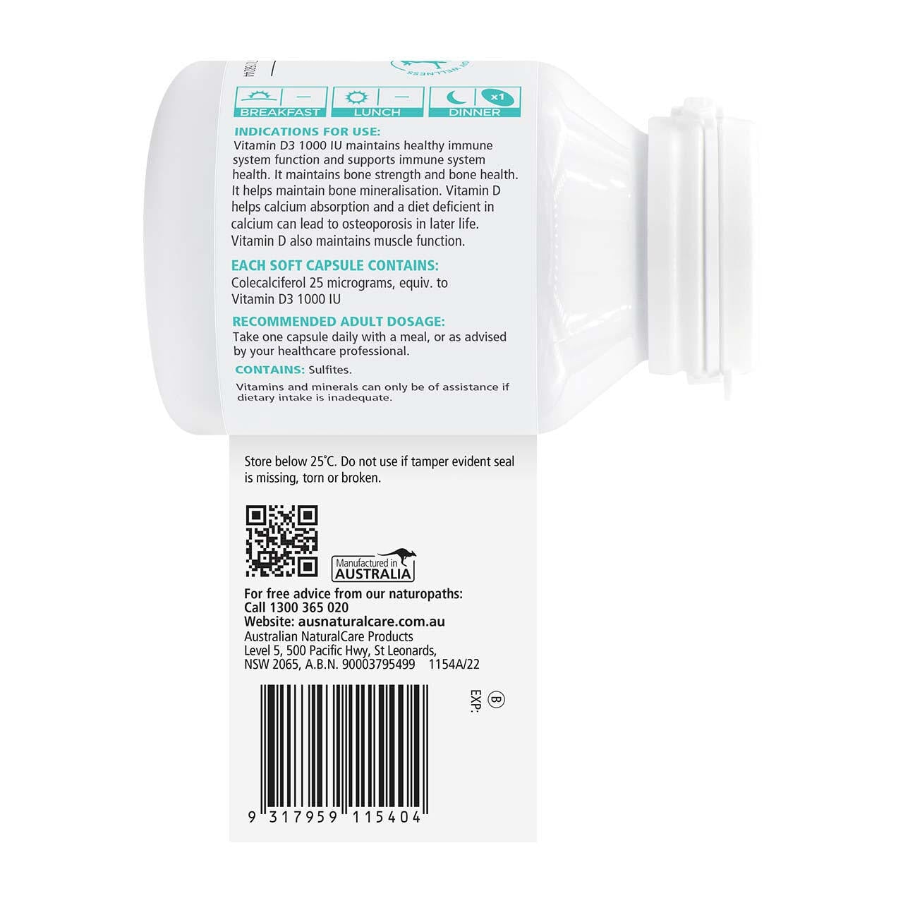 Australian Natural Care Vitamin D3 1000IU 60 Capsules - Supports Bone Health & Immune System - Perfect for Daily Supplement & Winter Wellness