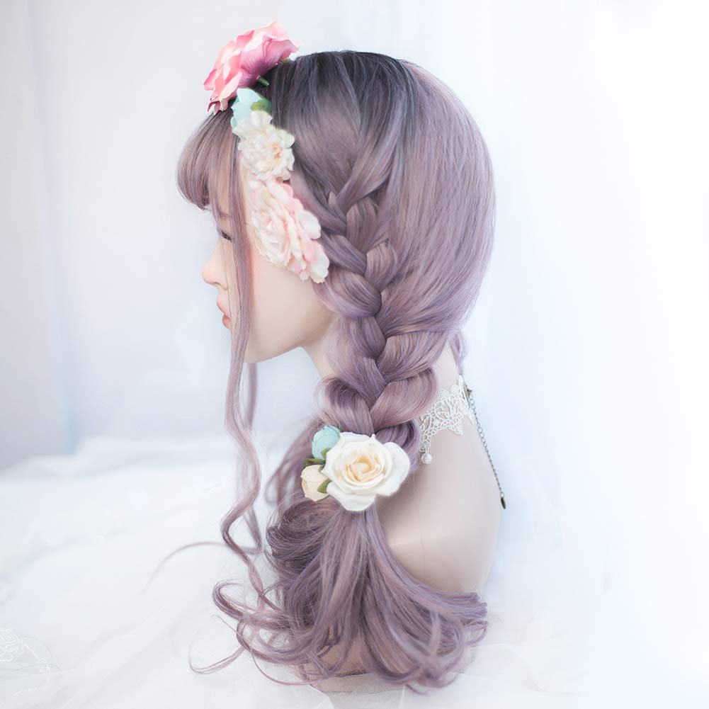 AIYAYA Long Curly Synthetic Wig with Wig Cap - Ombre Purple Heat Resistant Hairpiece for Cosplay, Halloween, Parties & Daily Wear | Natural Looking Costume Accessory for Women