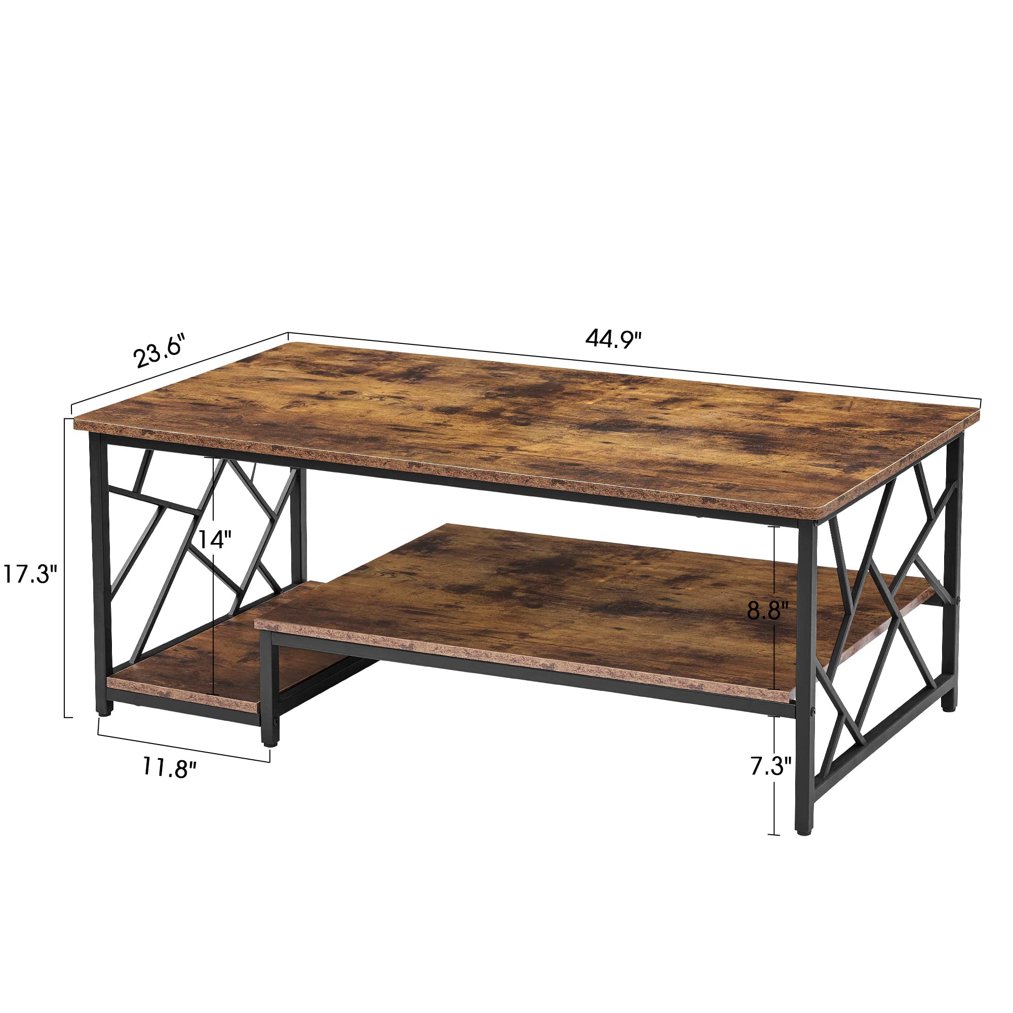Rustic Wood Coffee Table for Living Room - Farmhouse Mid Century Modern TV Stand with Black Metal Frame, Industrial Cocktail Table with Double Storage Shelves (Brown) | Perfect for Small Spaces, Apartments & Cozy Home Decor