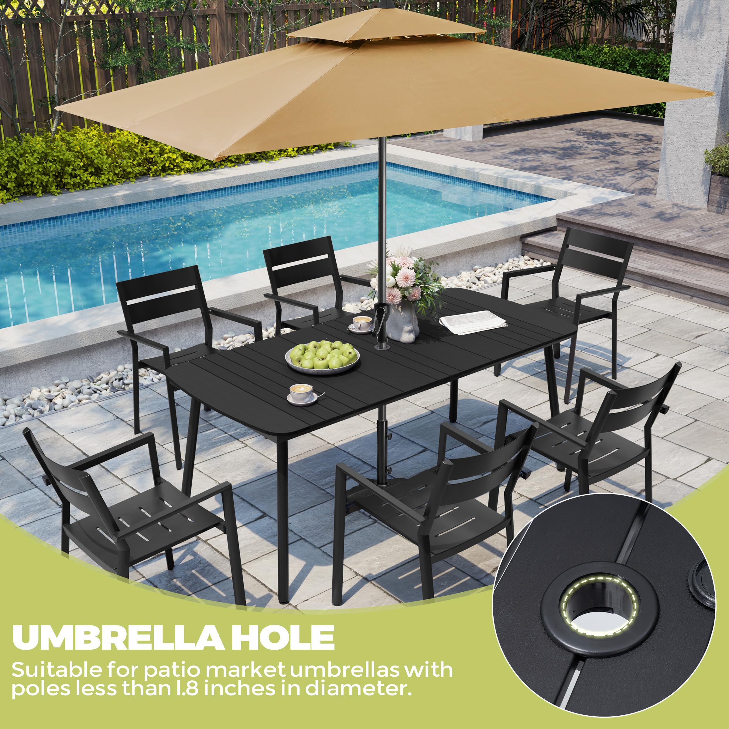 Crestlive 70-Inch Rectangle Outdoor Dining Table for 6 - Weather-Resistant Aluminum Frame & Wood-Like Tabletop with Umbrella Hole - Perfect for Patio, Garden, Lawn, Backyard & Outdoor Entertaining