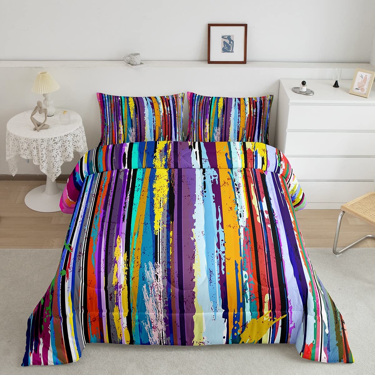 Vibrant Striped Full Size Comforter Set - Rainbow Graffiti Geometric Print Duvet Cover with 2 Pillowcases, Soft Microfiber Polyester Bedding in Rustic Retro Style | Perfect for Girls, Teens Bedroom Decor & Christmas Gifts