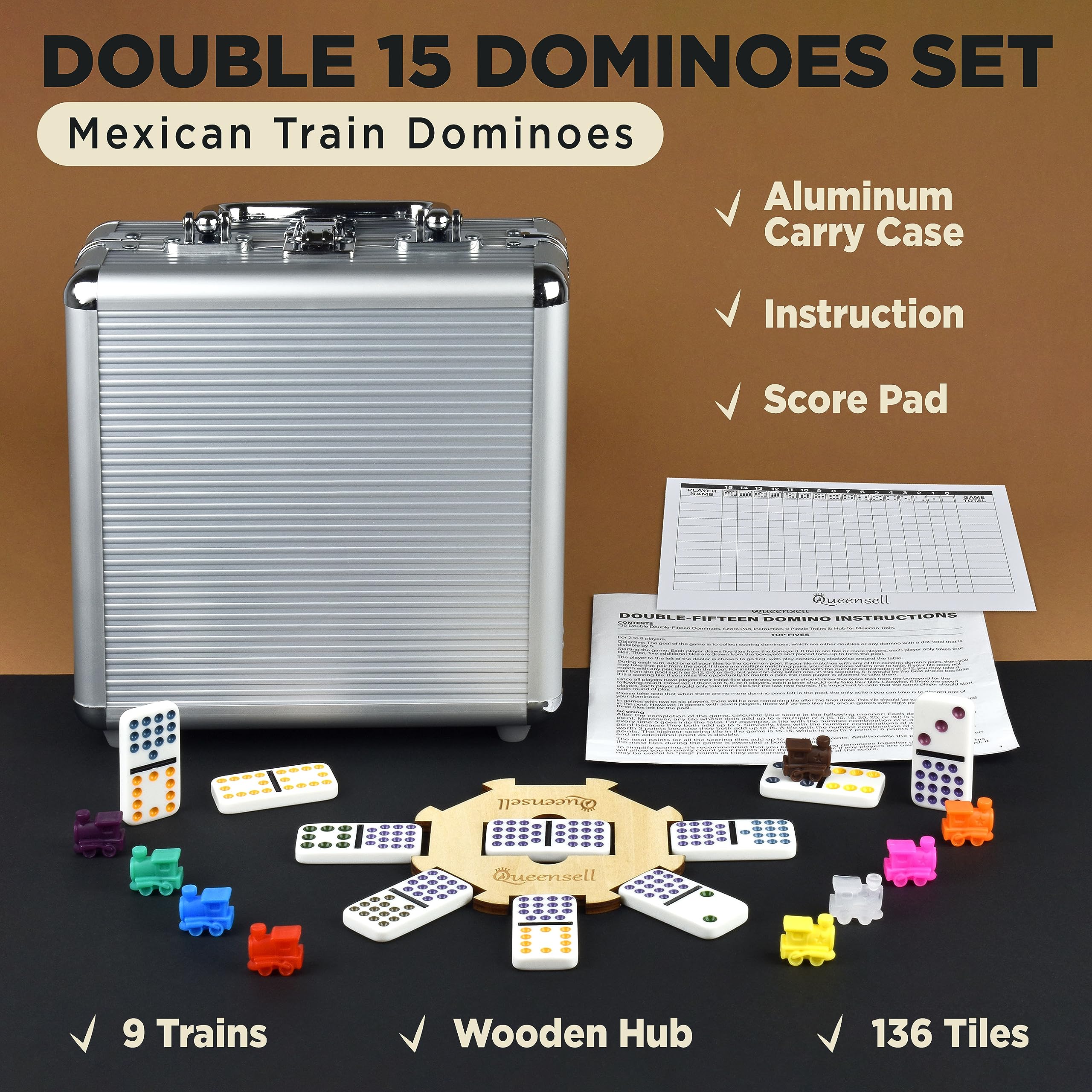 Queensell Mexican Train Dominoes Set Double 15 - 136 Color Dot Tiles with 9 Trains & Wooden Hub in Aluminum Case - Family Board Game for Adults & Kids | Perfect for Game Nights, Parties & Travel