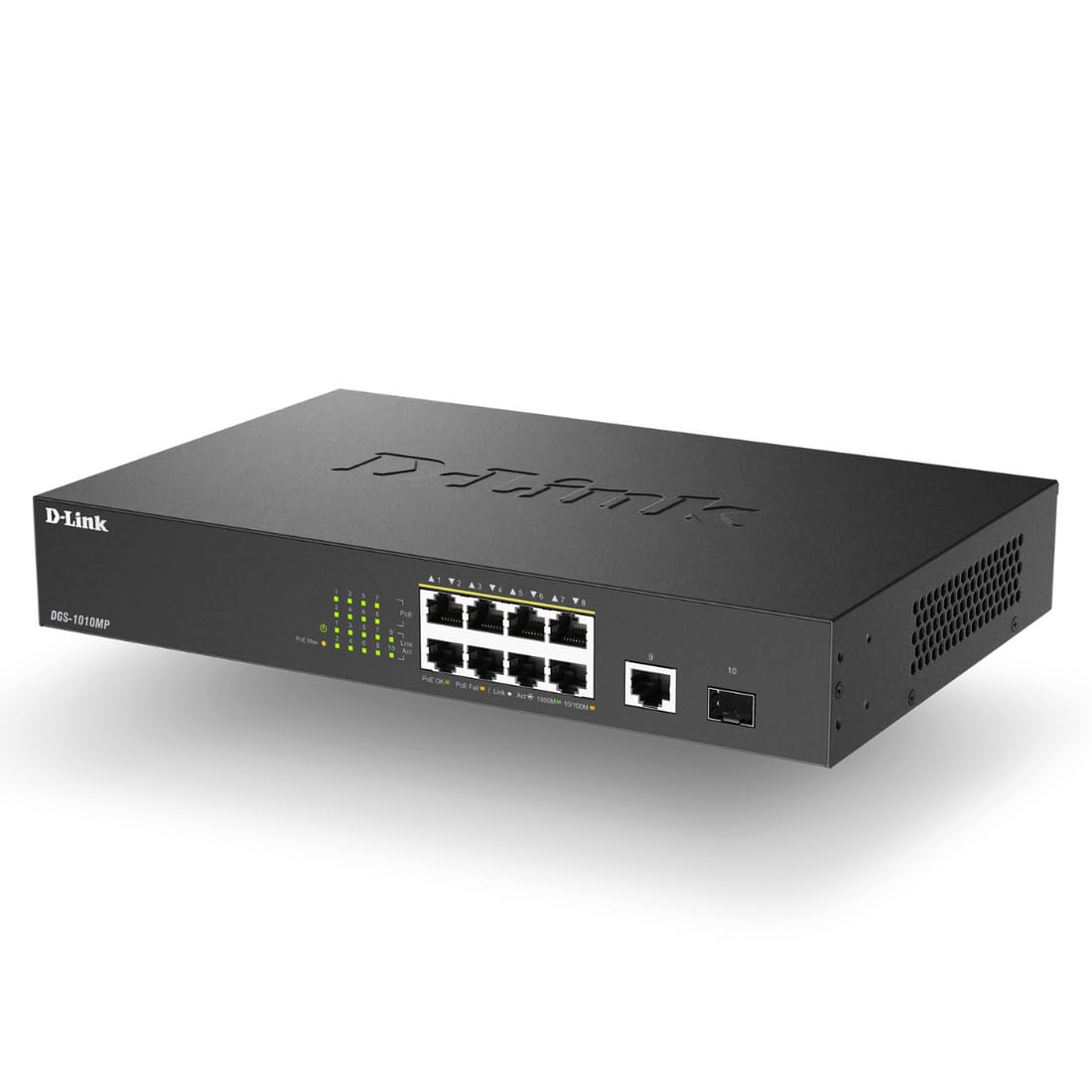 D-Link 8-Port/10-Port Unmanaged PoE Switch with 1 Gigabit Ethernet Port & 1 SFP Uplink Port, 125W PoE Budget, Fanless Rackmount Plug & Play (DGS-1010MP) - Black | Ideal for Home Office, Small Business Network & IP Camera Systems