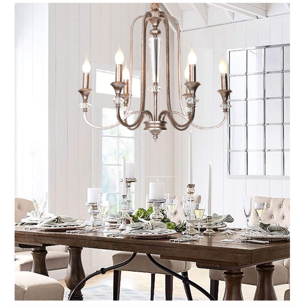 Siljoy Rustic Iron Chandelier - Farmhouse Traditional Candle Style Crystal Lighting Fixture for Dining Room, Kitchen Island & Living Room | Chrome Finish | Perfect for Country Home Decor & Cozy Ambiance