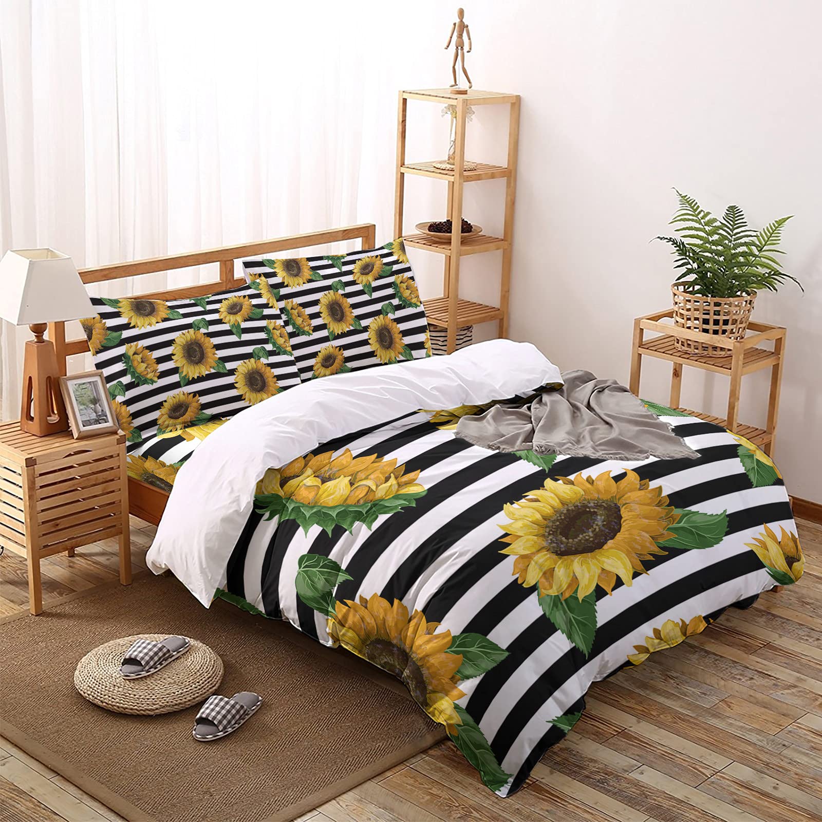 Laibao Twin Size Duvet Cover Set - Retro Farmhouse Sunflower Black White Striped Comforter Cover with 2 Pillowcases & 1 Flat Sheet - Soft Breathable Bedding for Boys & Girls - Perfect for Kids' Bedrooms, Guest Rooms & Farmhouse Decor