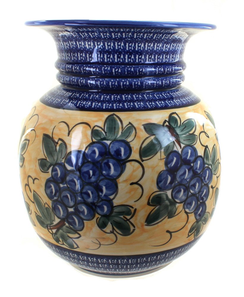 Handmade Blue Rose Polish Pottery Floor Vase with Cobalt Trim - Large Decorative Vase for Home Decor, Wedding Centerpiece, or Farmhouse Style Living Room
