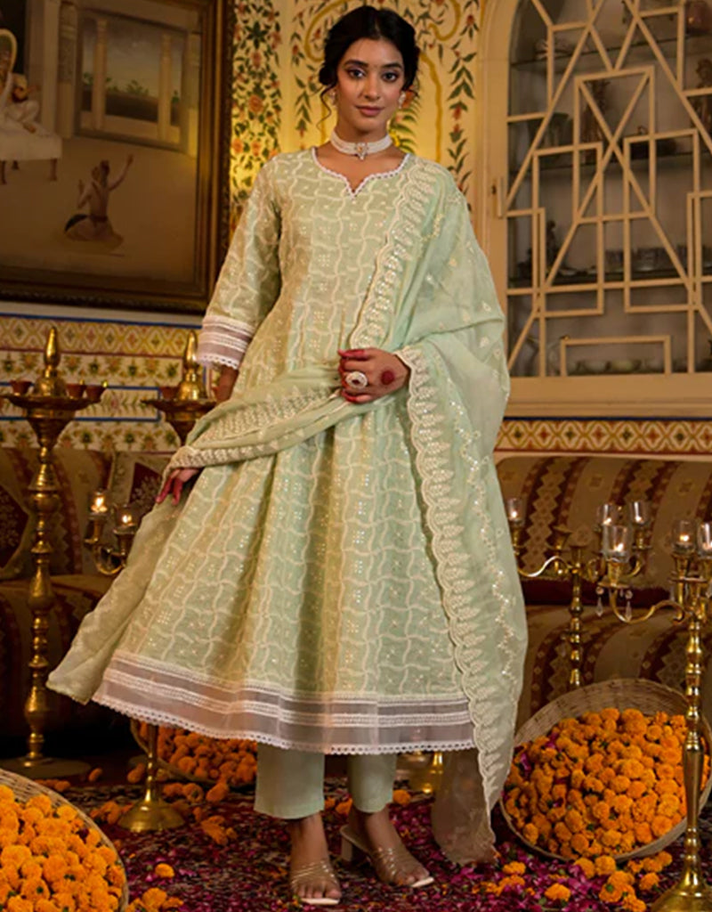 Pista Green Pure Cotton Anarkali Kurta Trouser with Dupatta Set - Traditional Indian Ethnic Wear for Women, Festivals & Special Occasions