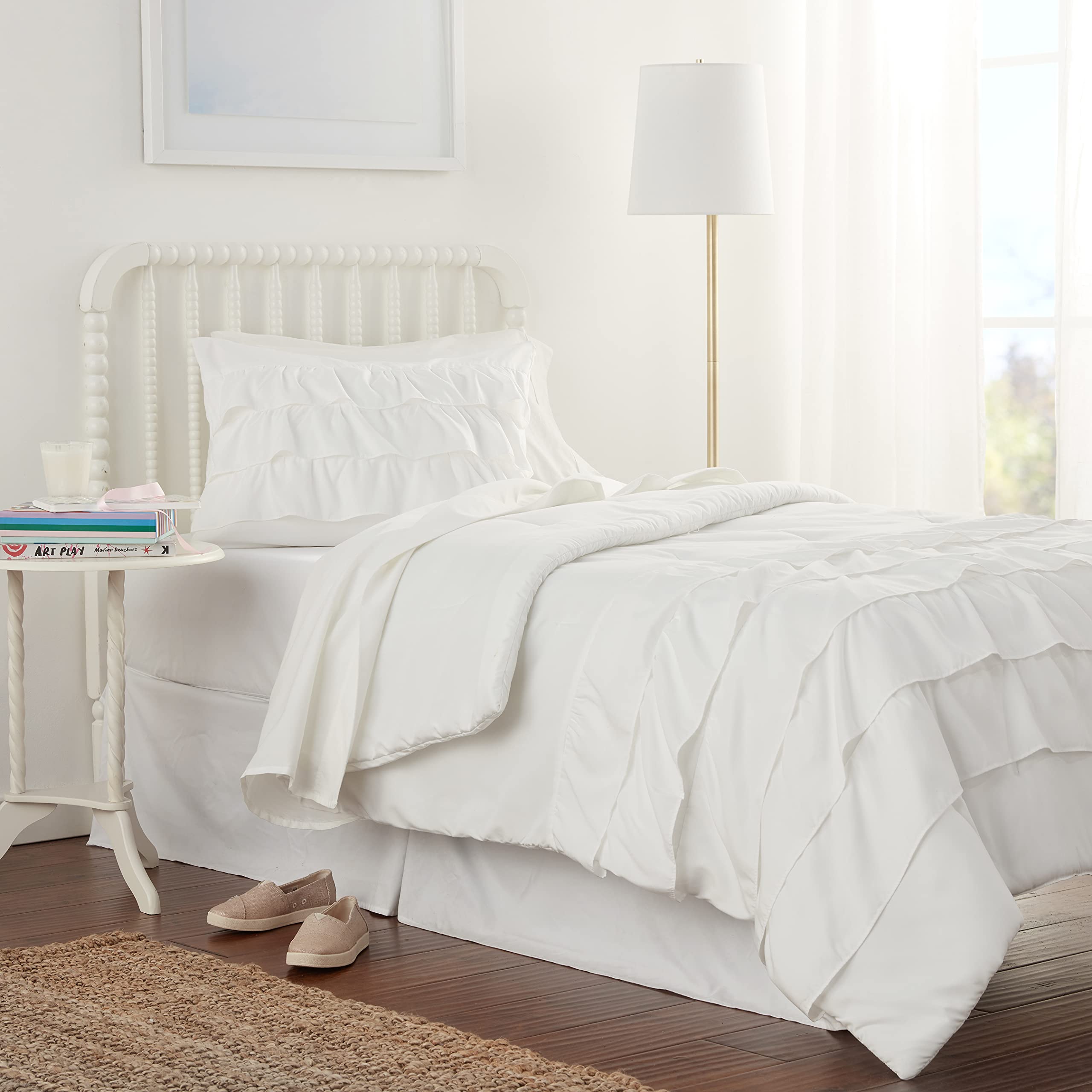 Latitude Ruby Ruffle Comforter Set - Twin Size White Bedding for Girls & Teens | Soft & Cozy Duvet Cover with Ruffled Trim for Bedroom Decor