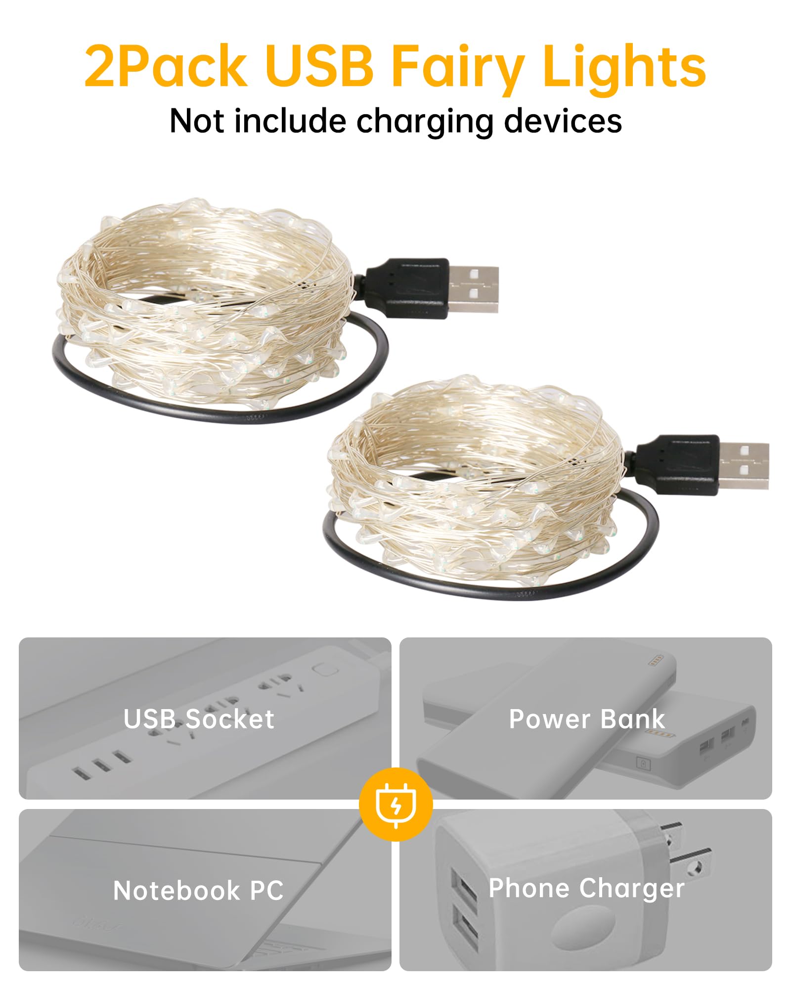 Blingstar 2 Pack 33Ft 100 LED USB Fairy Lights - Flexible Silver Wire Mini String Lights for Christmas Tree, Bedroom, Camping & Holiday Decor - Warm White | Perfect for Indoor Home, Party, Wedding & DIY Decoration