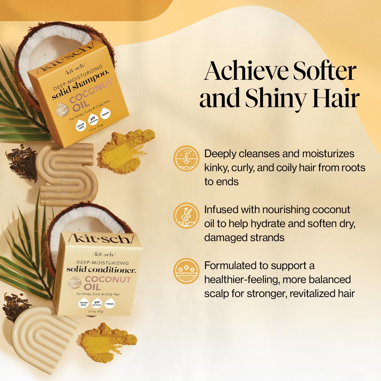 Kitsch Deep Moisturizing Coconut Oil Shampoo & Conditioner Bar Set - Sulfate Free, Paraben Free for Dry, Damaged, Curly, Coily & Color Treated Hair - Hydrating & Nourishing Solid Hair Care Bars Made in USA | Perfect for Travel, Gym & Eco-Friendly Home Use