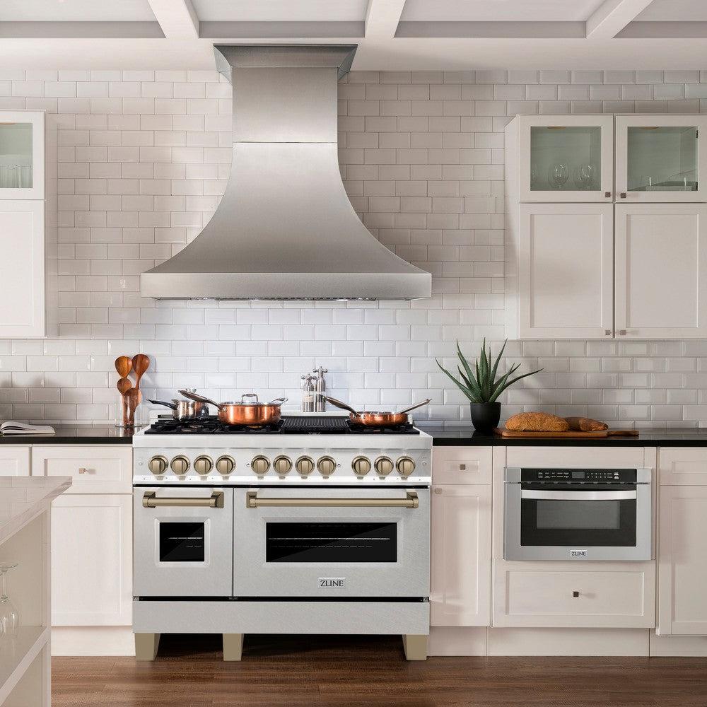 ZLINE 48-Inch Autograph Edition Dual Fuel Range - 6.0 cu. ft. Capacity, 7-Burner Gas Cooktop & 2 Electric Ovens - Satin Stainless Steel with Champagne Bronze Accents (RASZ SN 48 CB) - Perfect for Professional Home Kitchens & Gourmet Cooking