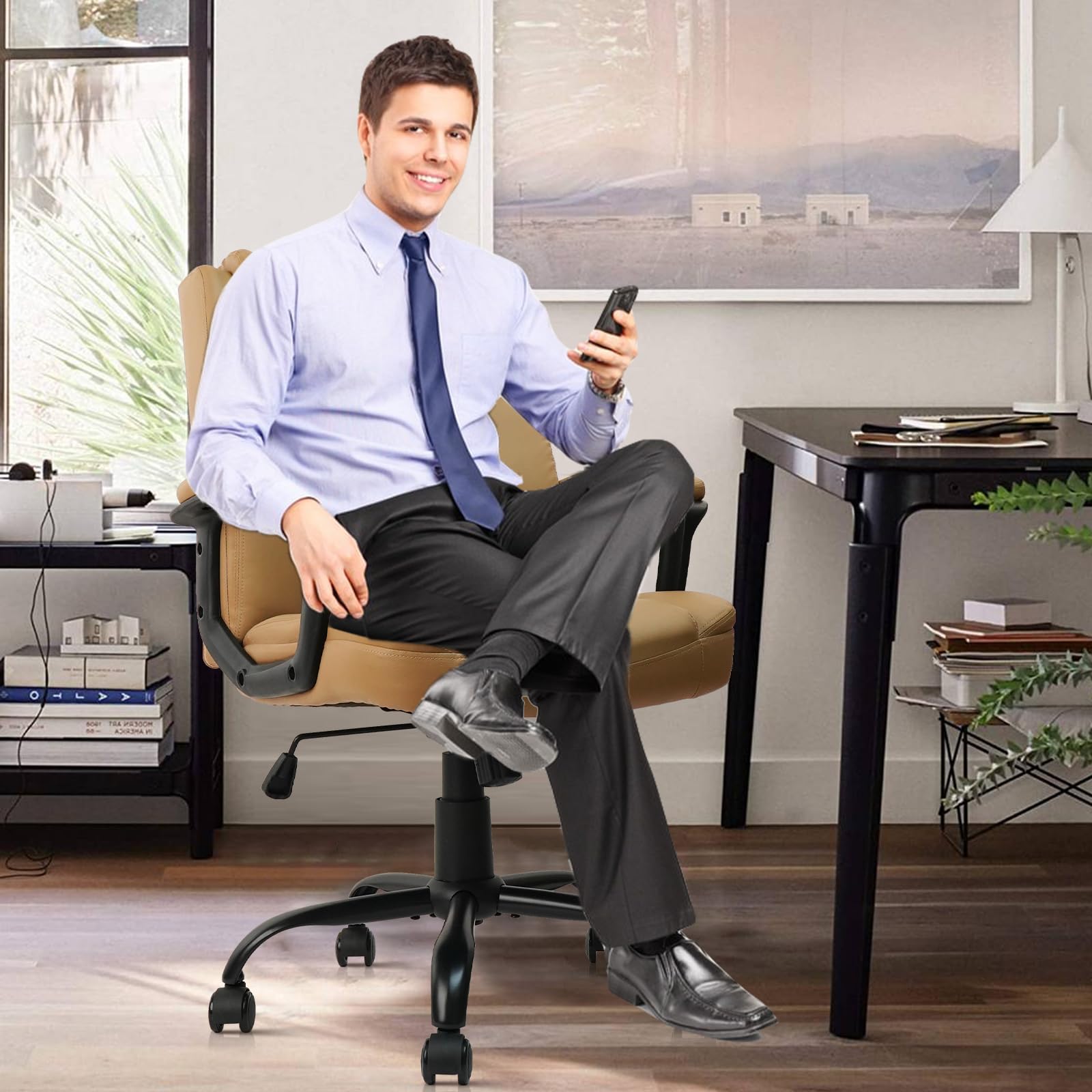 CLATINA Brown PU Leather Executive Office Chair - Adjustable Height, Swivel, Mid-Back with Thick Cushion & Fixed Armrests - 4 Pack Set for Home Office, Gaming & Workspace (Brown)